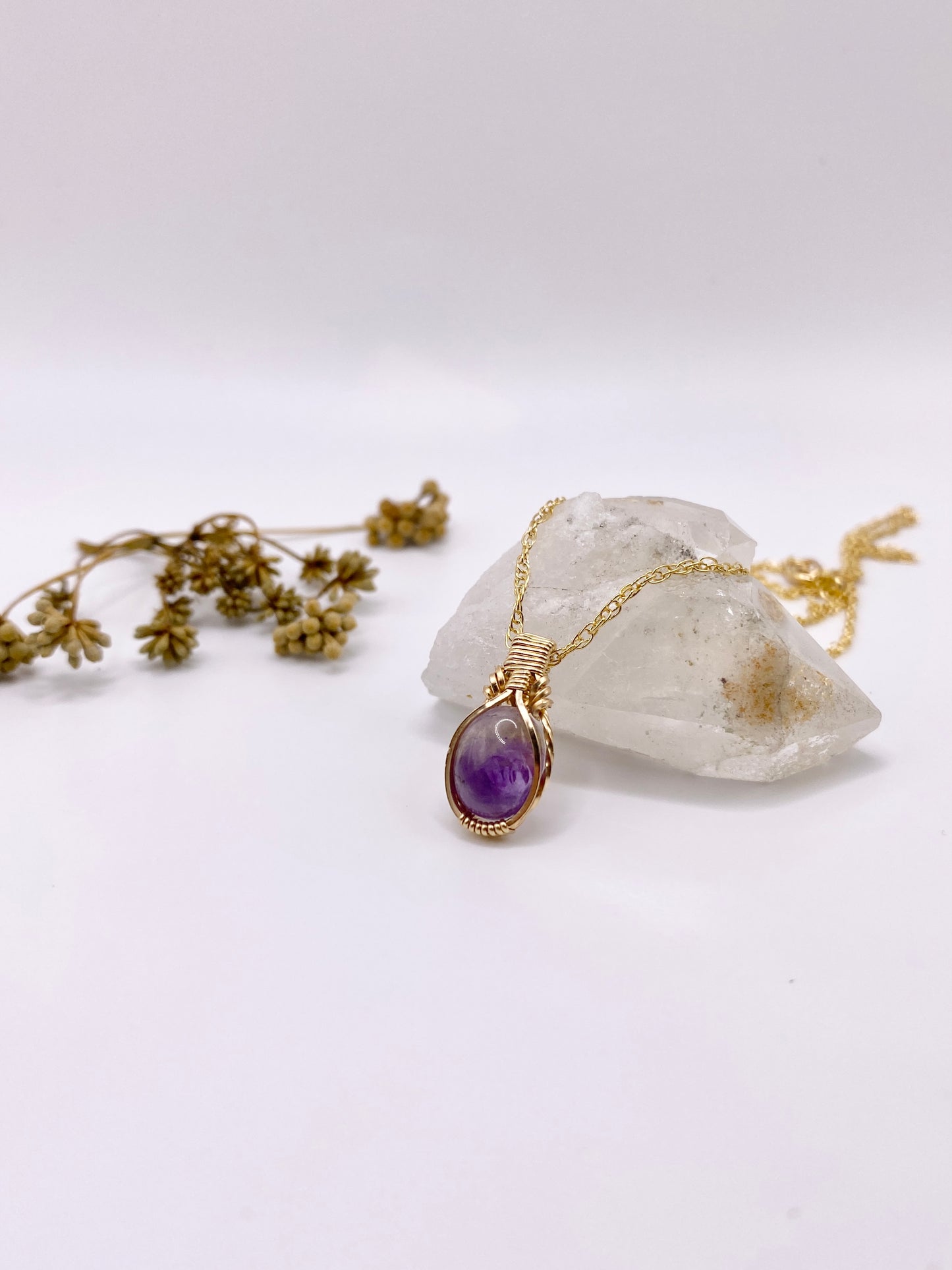 Small Amethyst Wire Wrapped Pendant in 14K Yellow Gold Fill