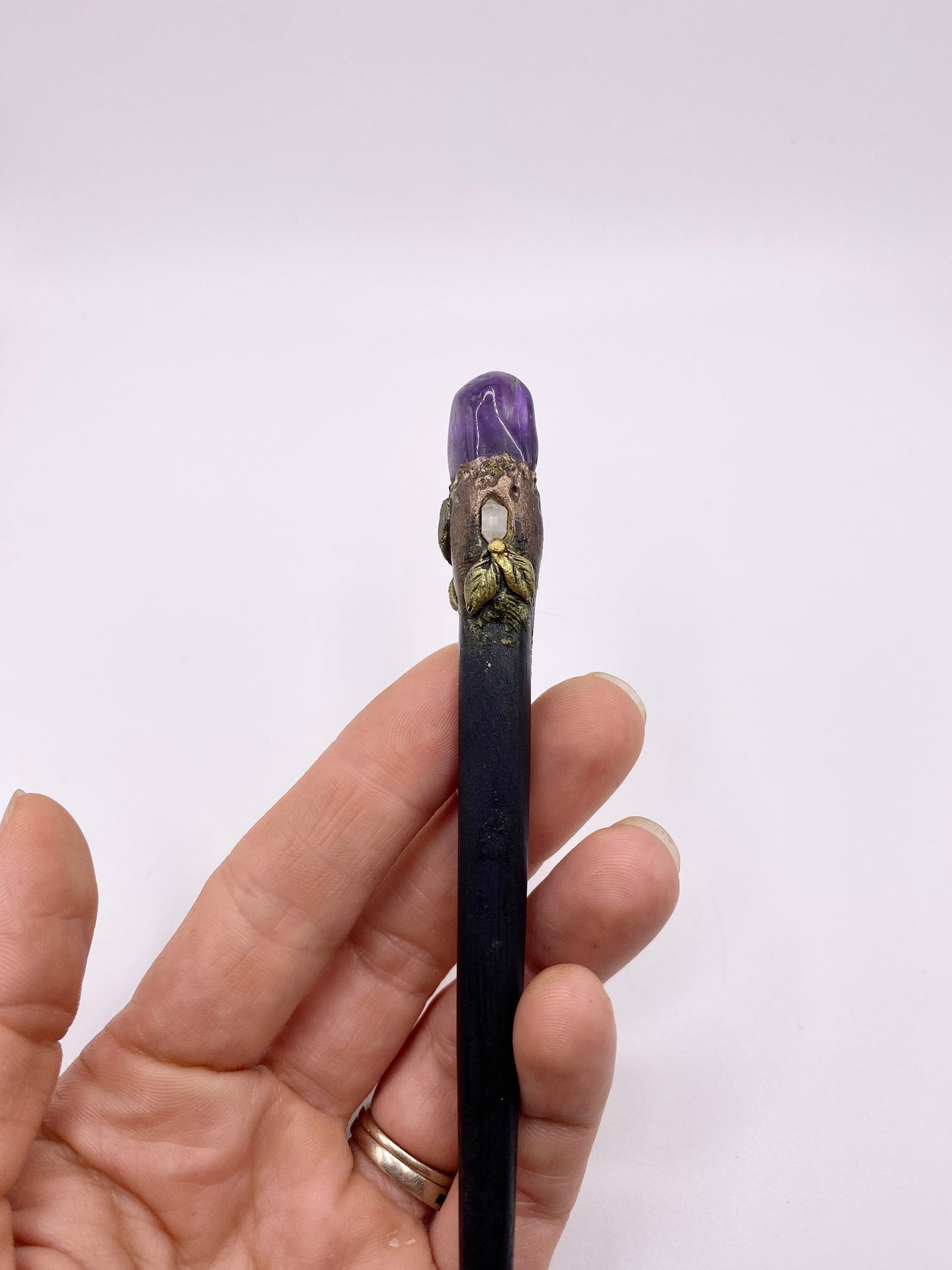 Amethyst Hair Wand with Quartz, Pyrite and Long Wood Handle - Hair Stick