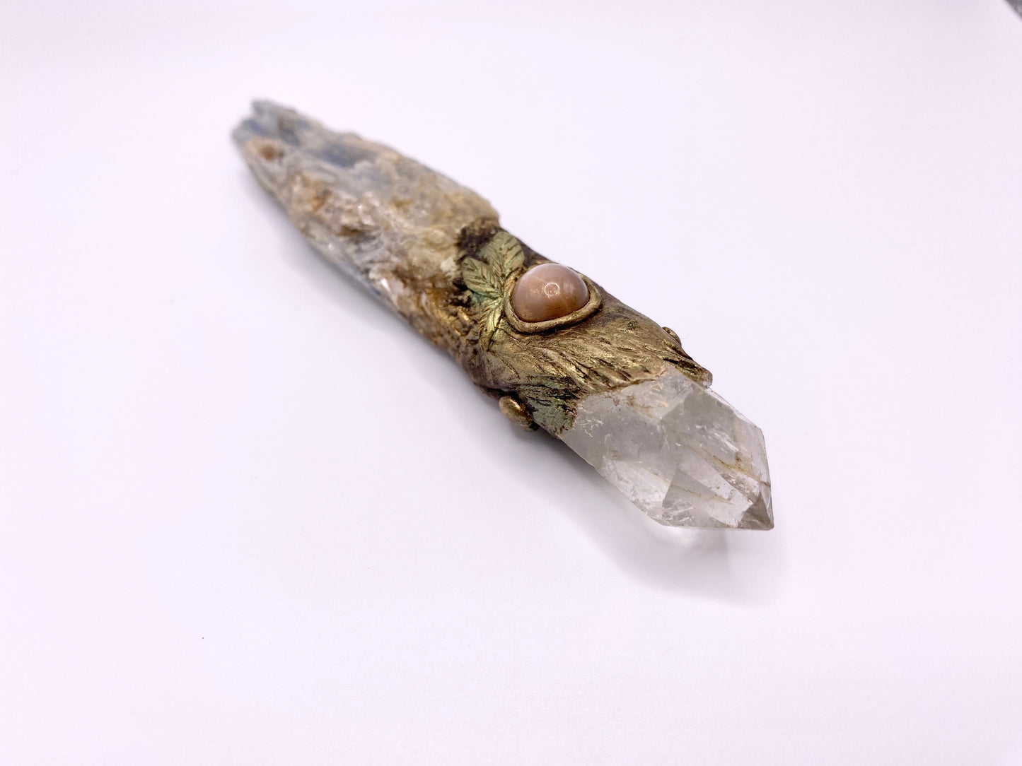 Crystal Energy Wand with Clear Quartz, Blue Kyanite and Peach Moonstones - Reversible Metaphysical Wand