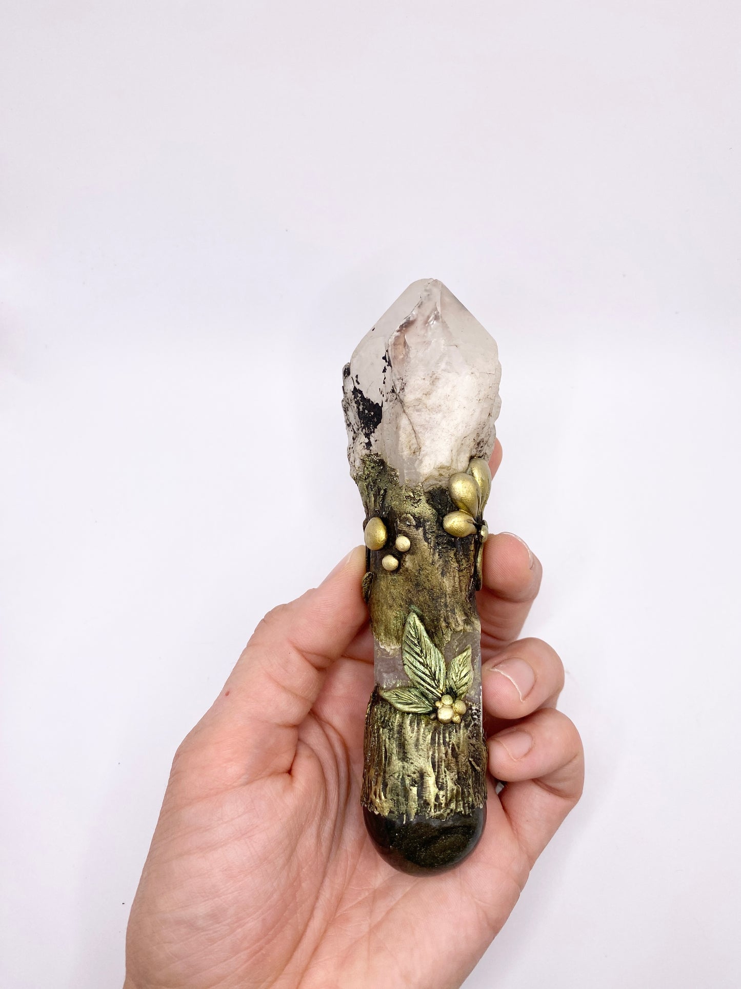 Crystal Energy Wand with Candle Quartz, Angel Aura Quartz, Gold Sheen Obsidian and Moonstone Crescent - Reversible Metaphysical Wand