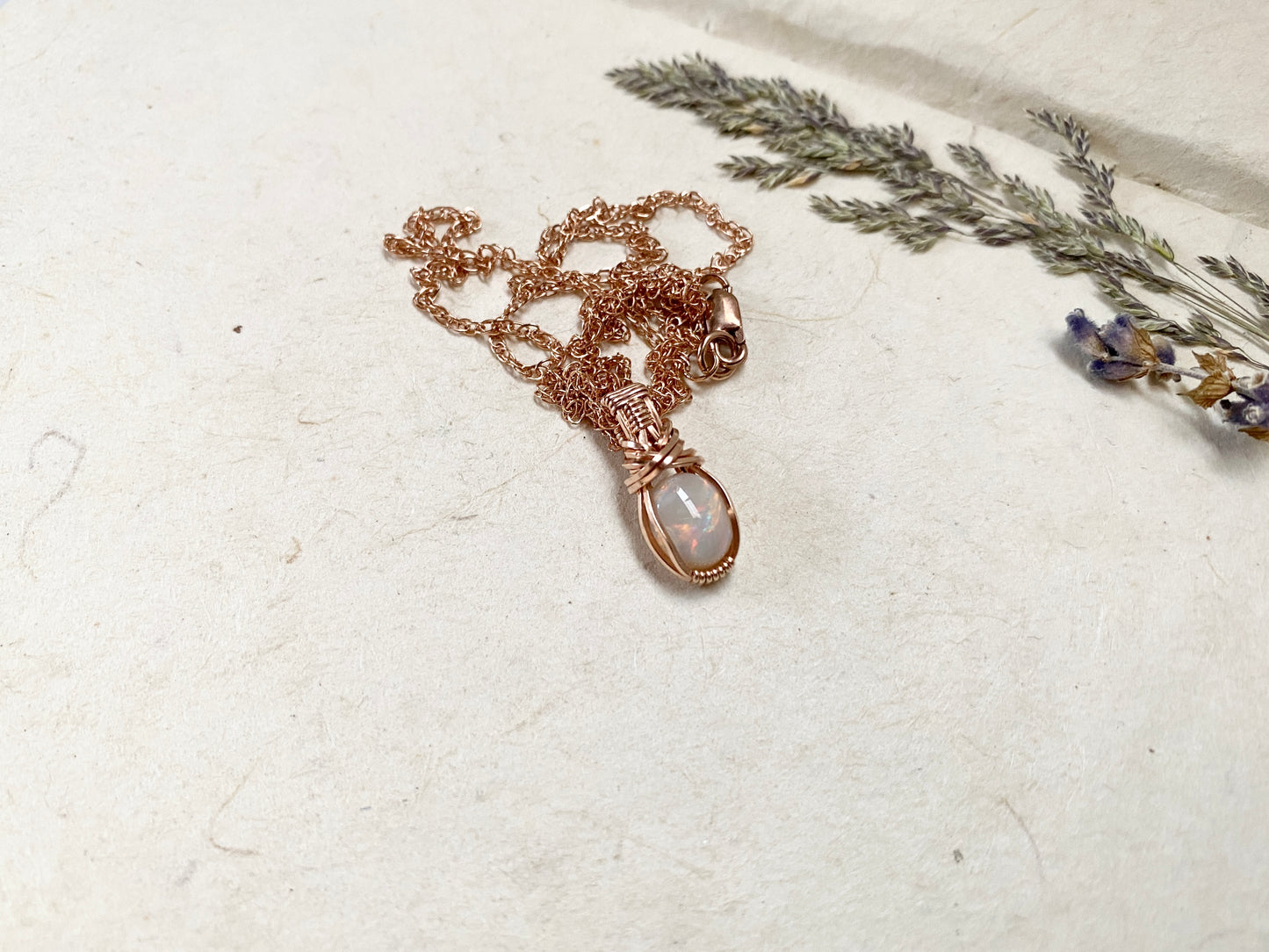 Pink Australian Opal Mini Wire Art Necklace in 14k Rose Gold Fill Wire