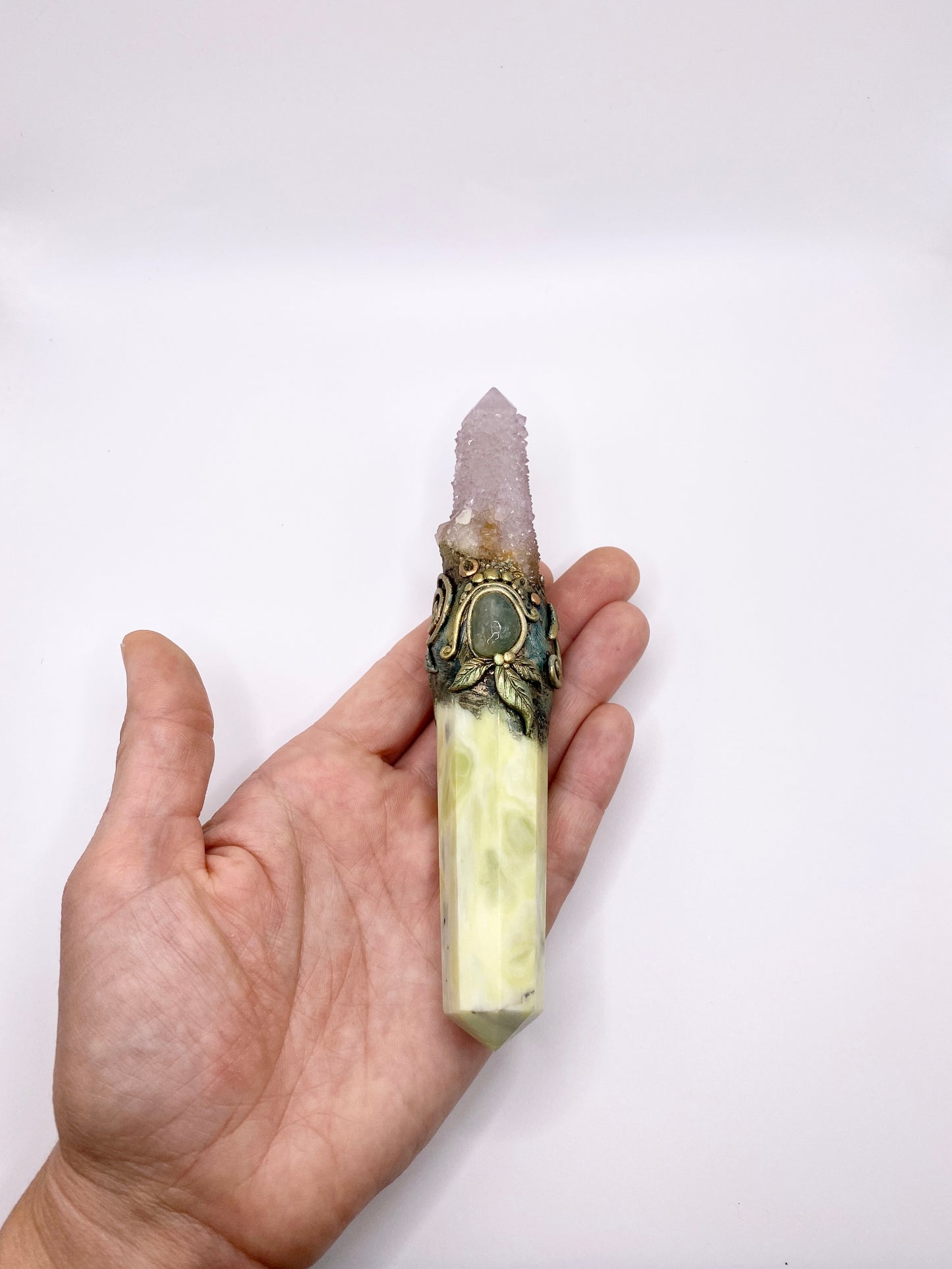 Crystal Energy Wand with Serpentine, Aquamarine and Amethyst Spirit Quartz - Reversible Metaphysical Wand