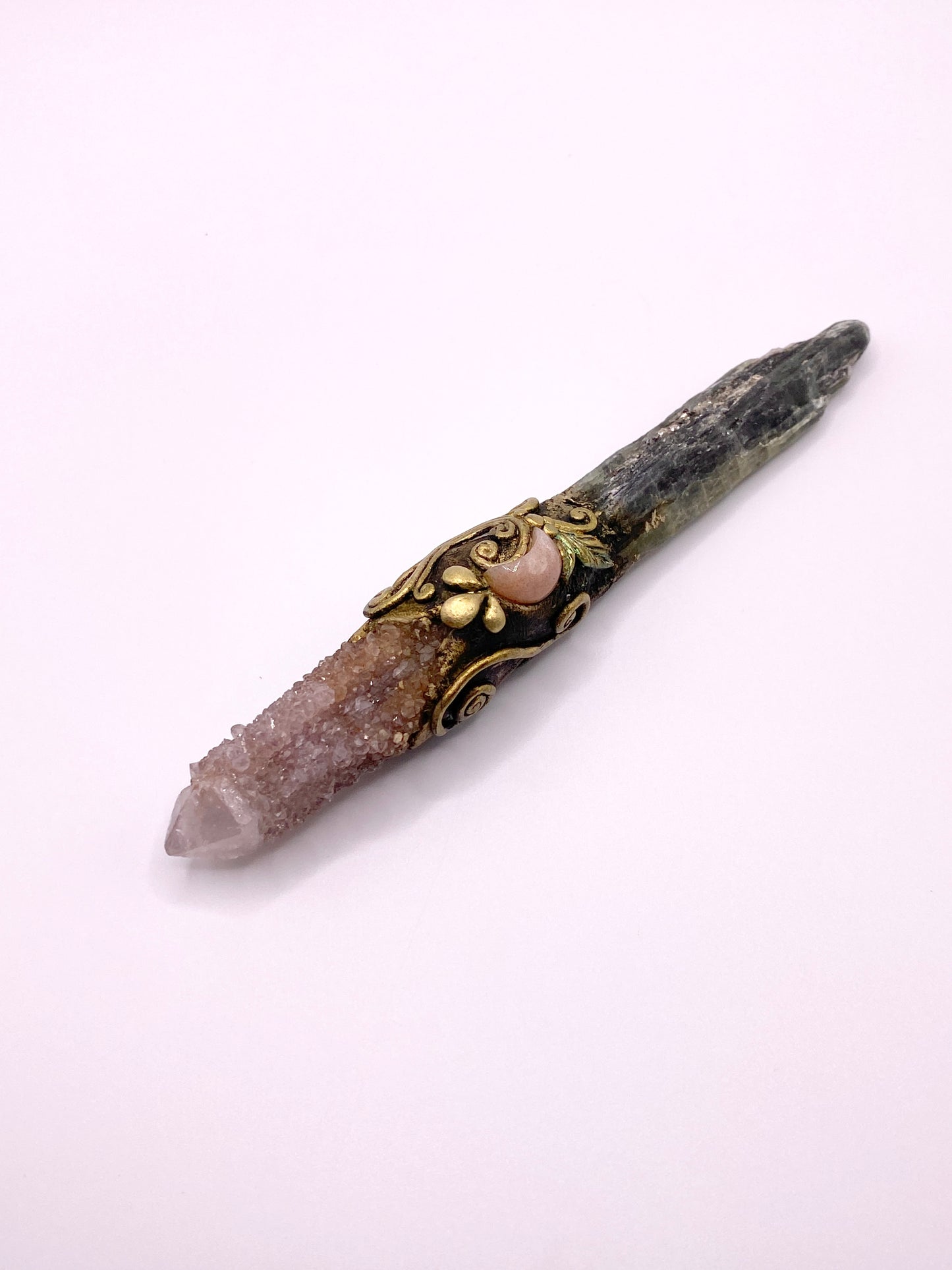 Crystal Energy Wand with Amethyst Spirit Quartz, Green Kyanite and Peach Moonstone Crescent - Reversible Metaphysical Wand