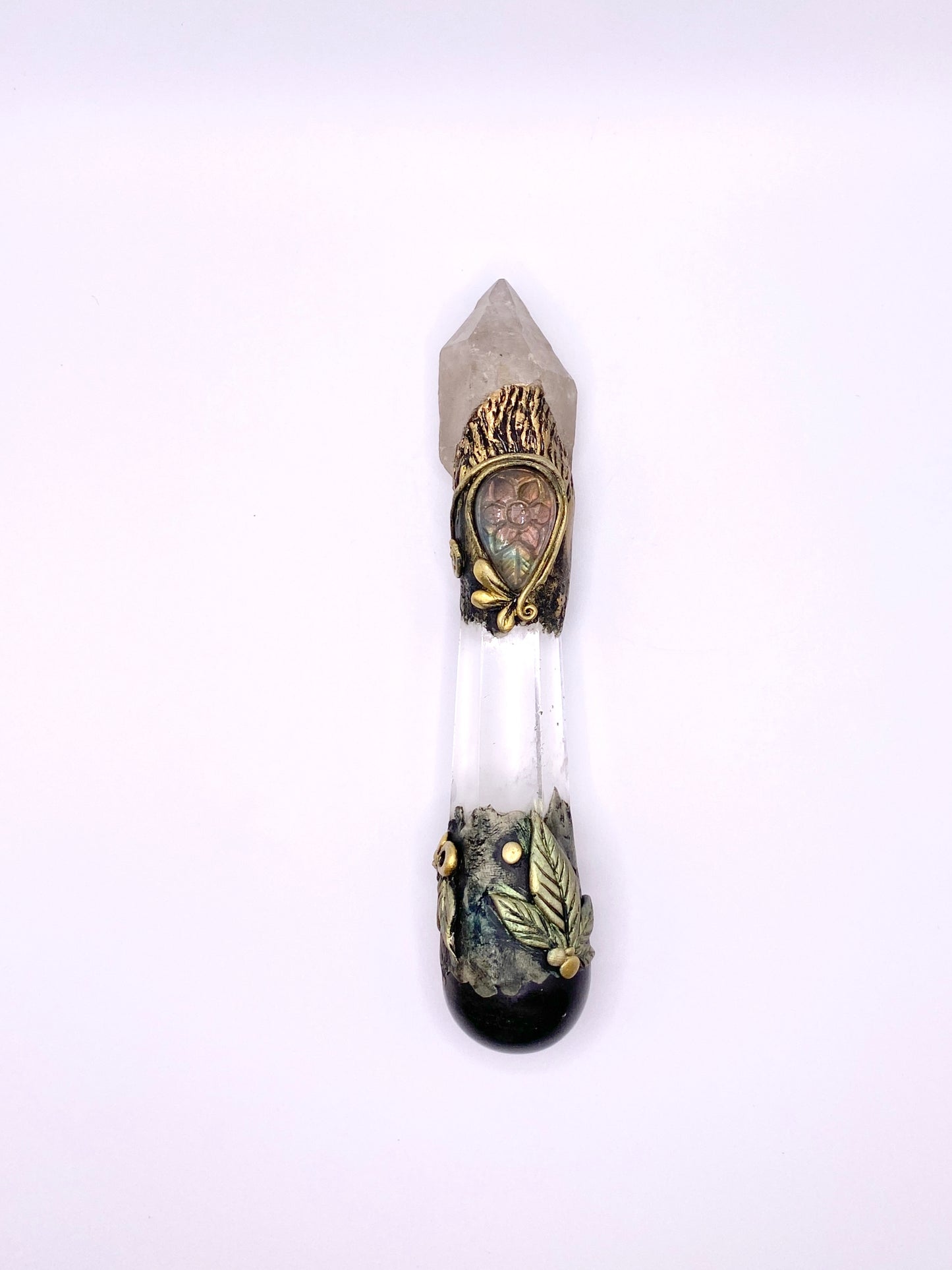 Crystal Energy Wand with Tibetan Quartz, Clear Quartz, Gold Sheen Obsidian and carved Labradorite- Reversible Metaphysical Wand