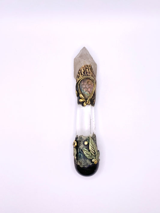 Crystal Energy Wand with Tibetan Quartz, Clear Quartz, Gold Sheen Obsidian and carved Labradorite- Reversible Metaphysical Wand