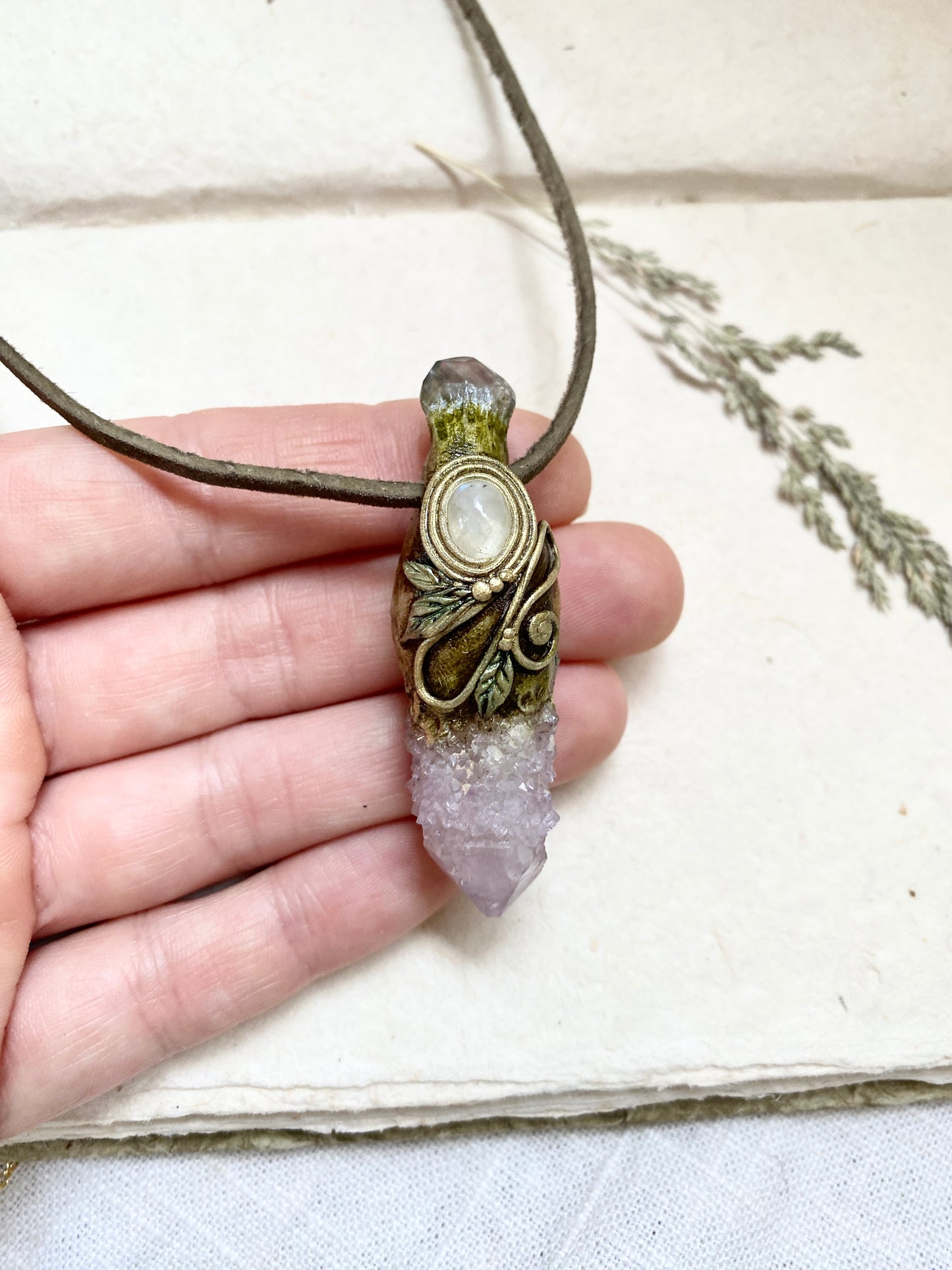 Woodland Priestess Series ~ Clay Sculpted Amethyst Spirit Crystal with Moonstone and Aquamarine Clay Necklace