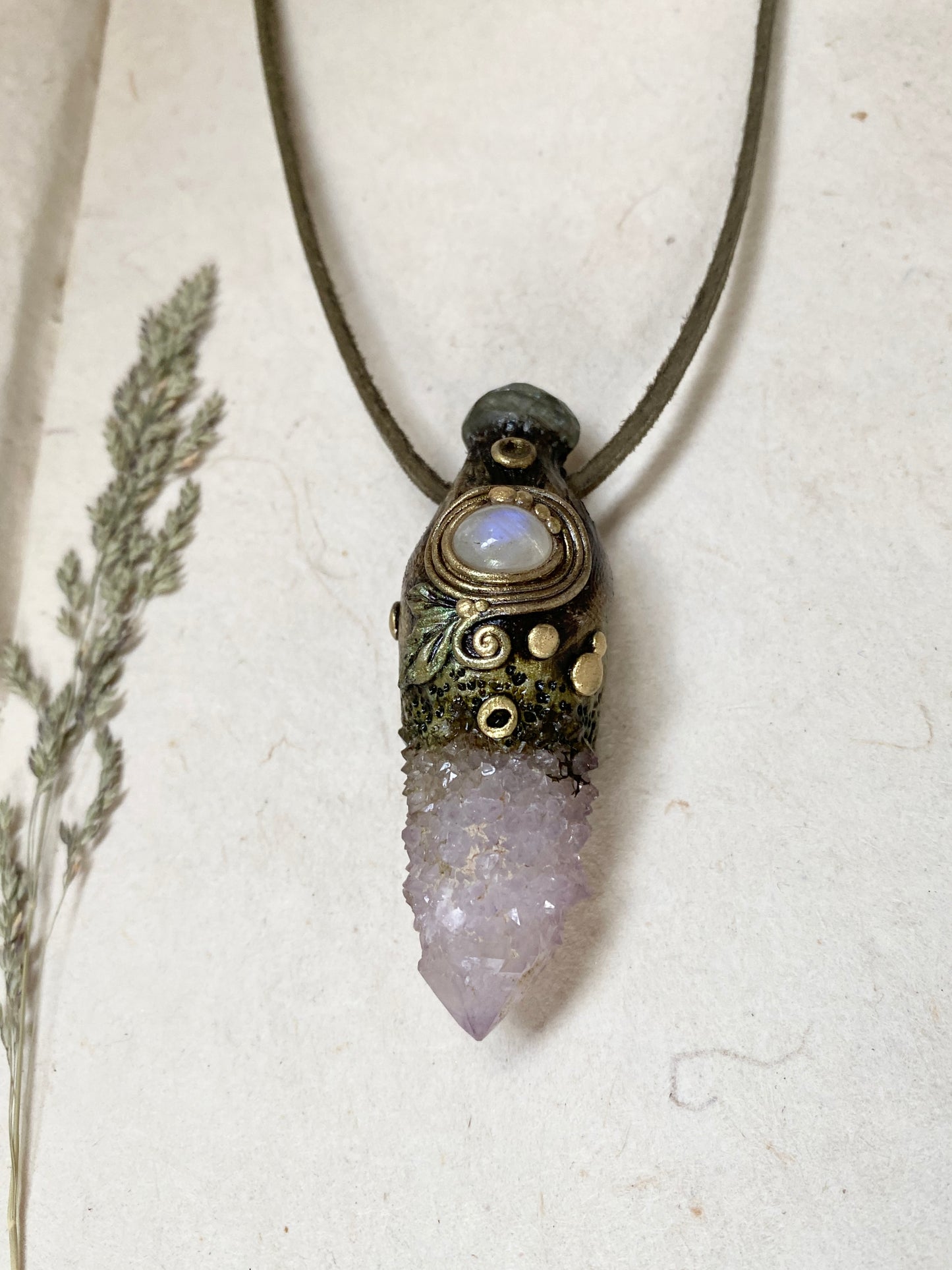 Woodland Priestess Series ~ Clay Sculpted Amethyst Spirit Crystal with Moonstone and Aquamarine Clay Necklace