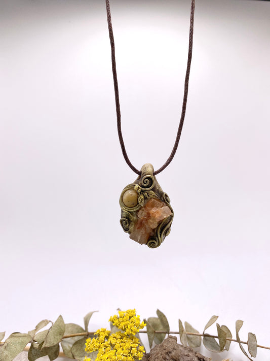 Clay Woodland Pendant with Aragonite Star Cluster and Jasper Stone