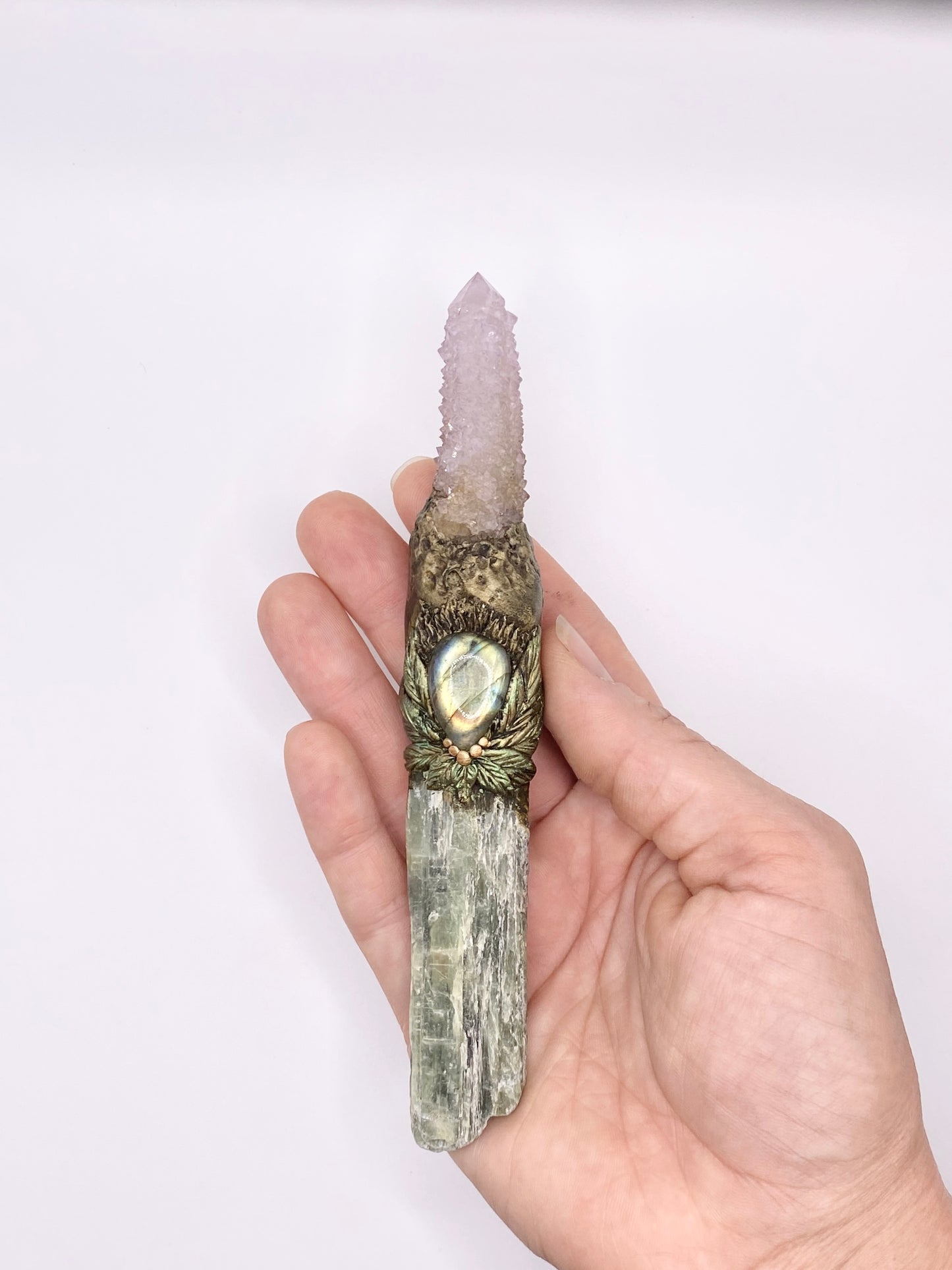 Crystal Energy Wand with Amethyst Spirit Quartz, Green Kyanite and Labradorite  - Reversible Metaphysical Wand