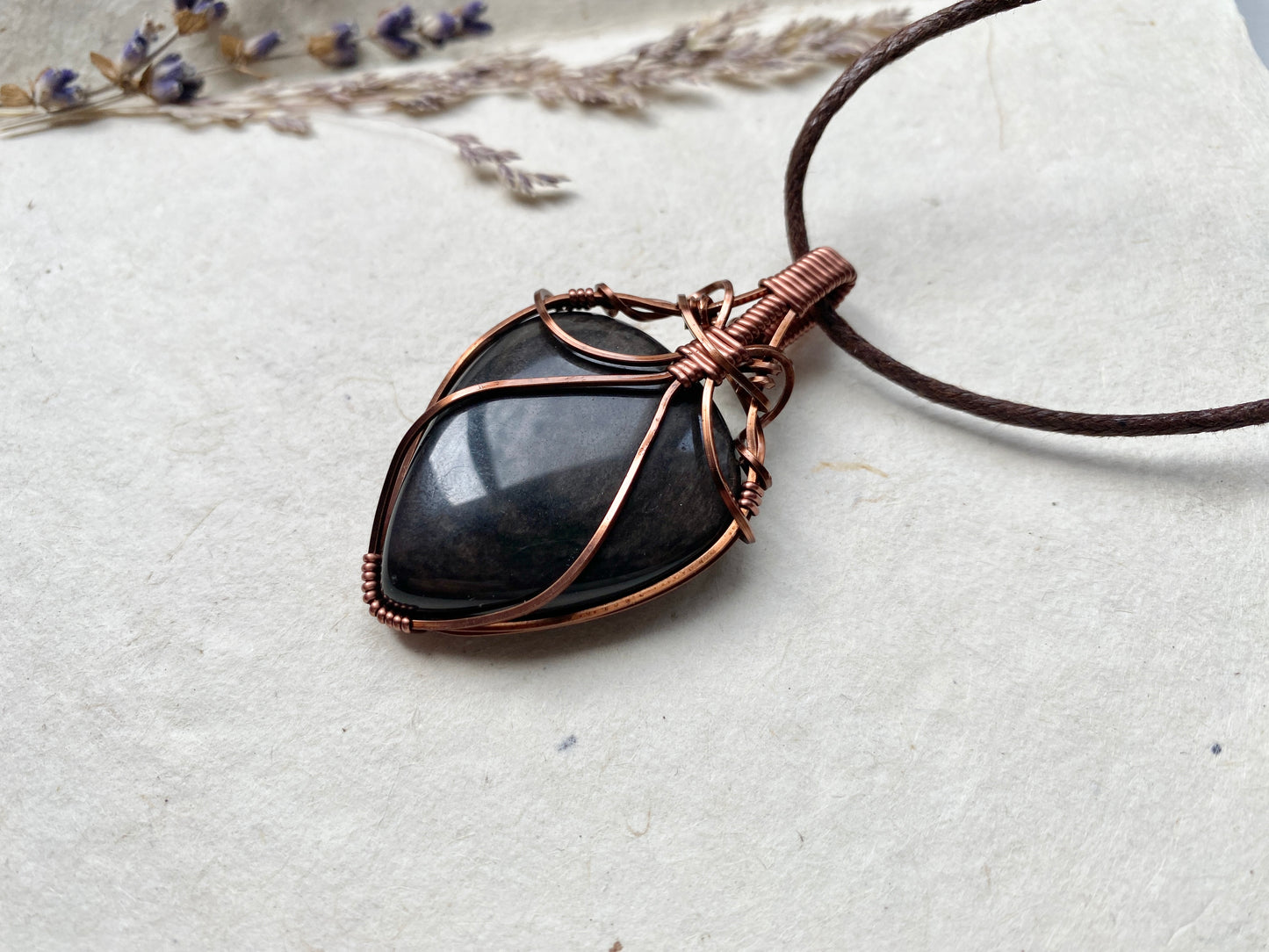 Copper Sheen Obsidian Wire Wrapped Pendant in Antiqued Copper  Wire