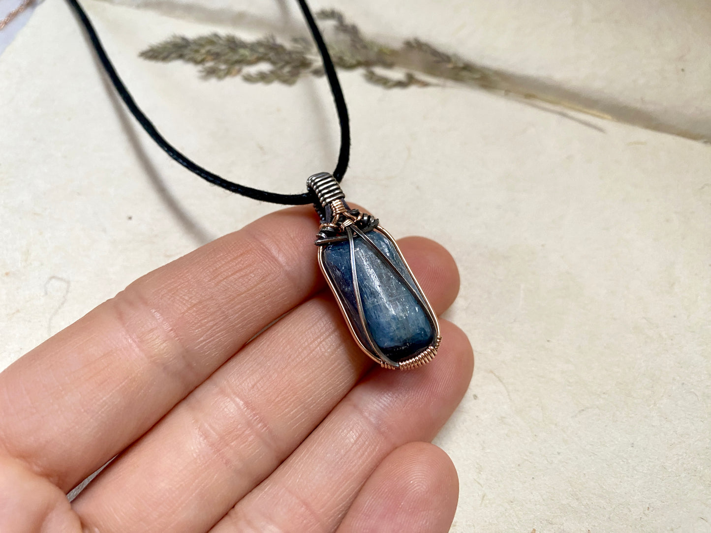 Kyanite Wire Wrapped Pendant in Sterling Silver and Rose Gold
