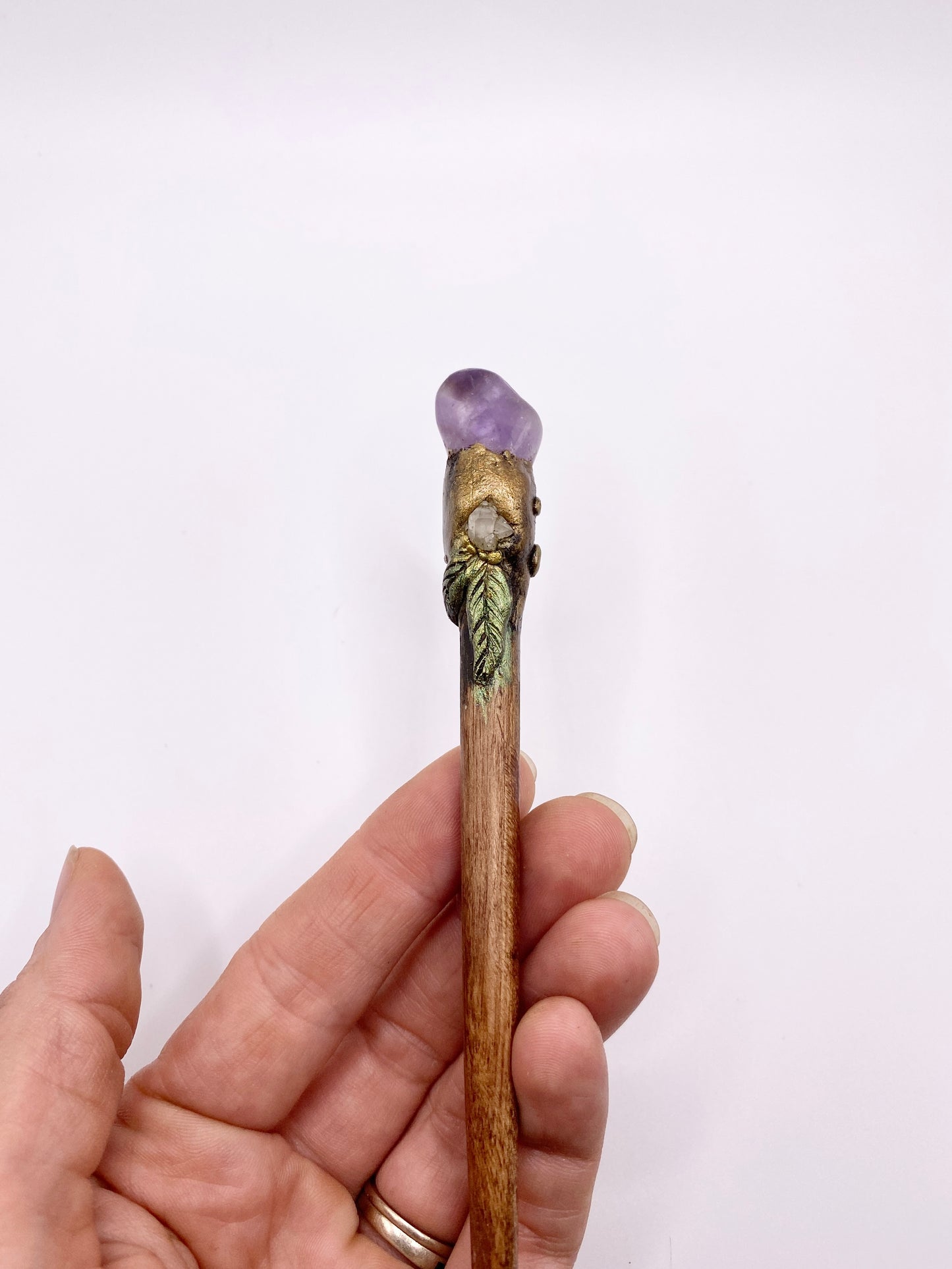 Amethyst Hair Wand with Quartz, Pyrite and Long Wood Handle - Hair Stick