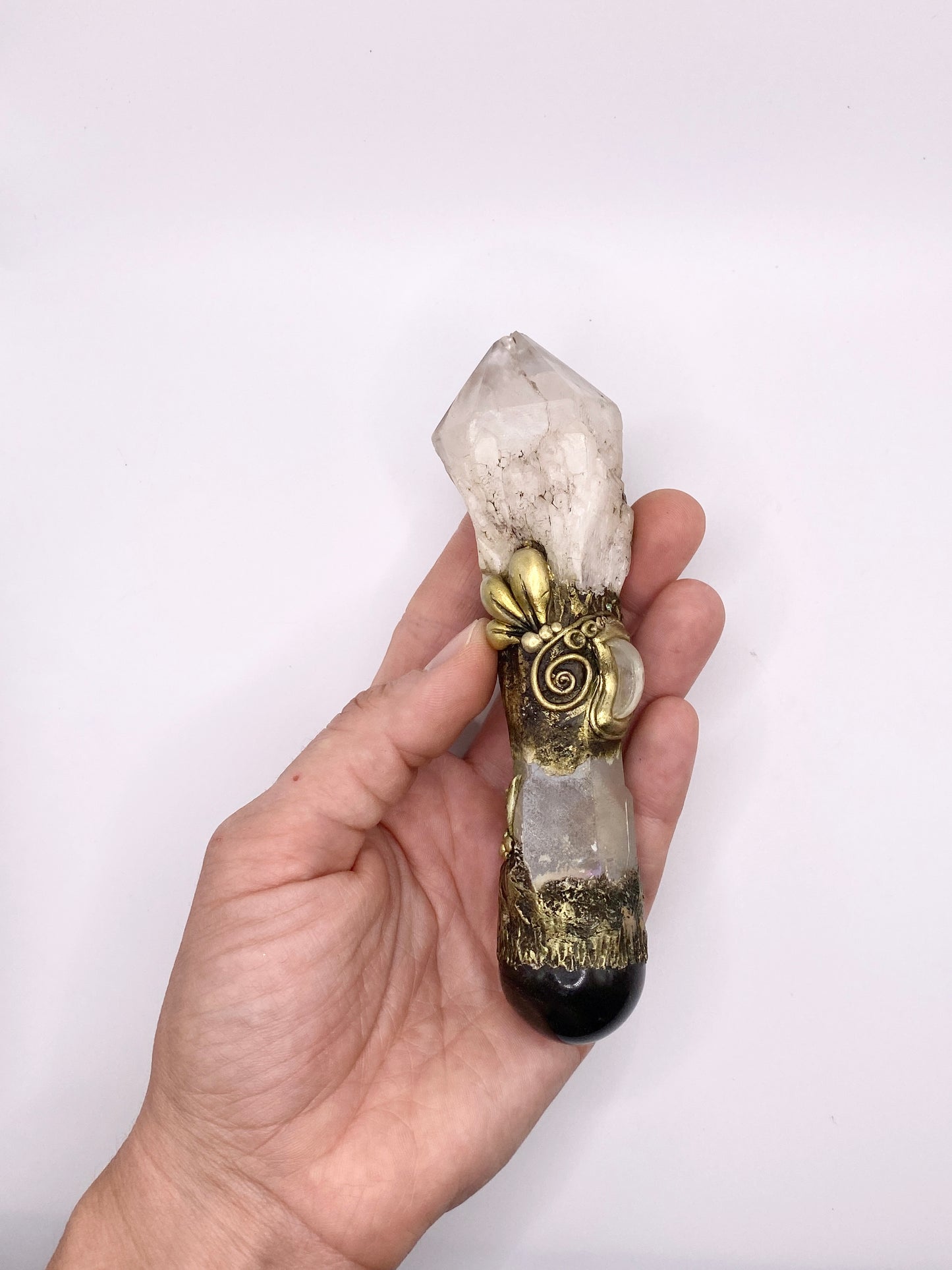 Crystal Energy Wand with Candle Quartz, Angel Aura Quartz, Gold Sheen Obsidian and Moonstone Crescent - Reversible Metaphysical Wand