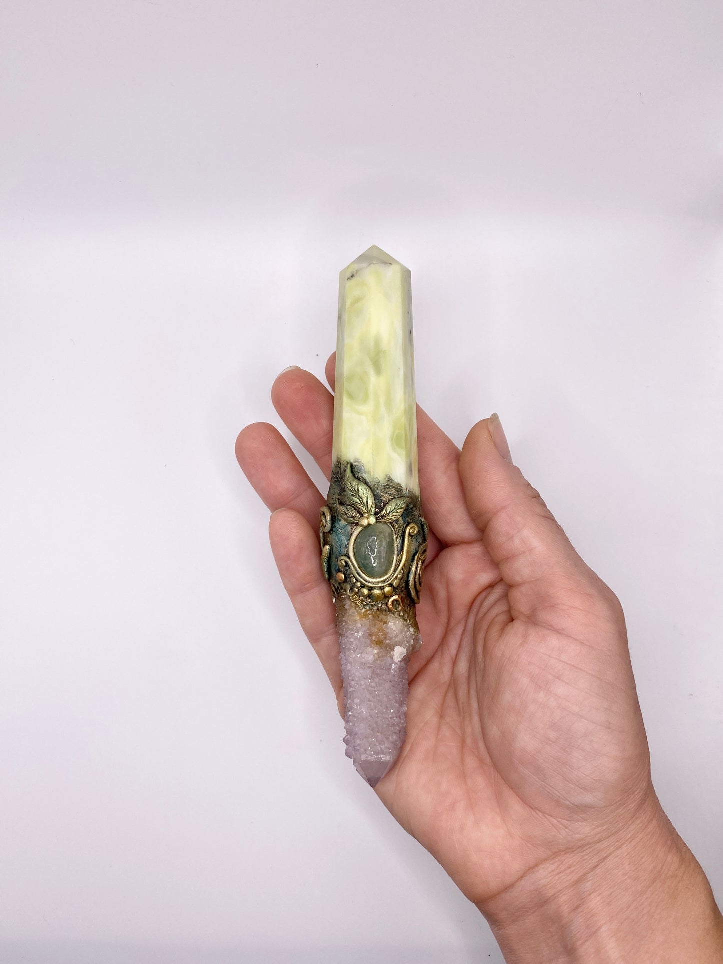 Crystal Energy Wand with Serpentine, Aquamarine and Amethyst Spirit Quartz - Reversible Metaphysical Wand
