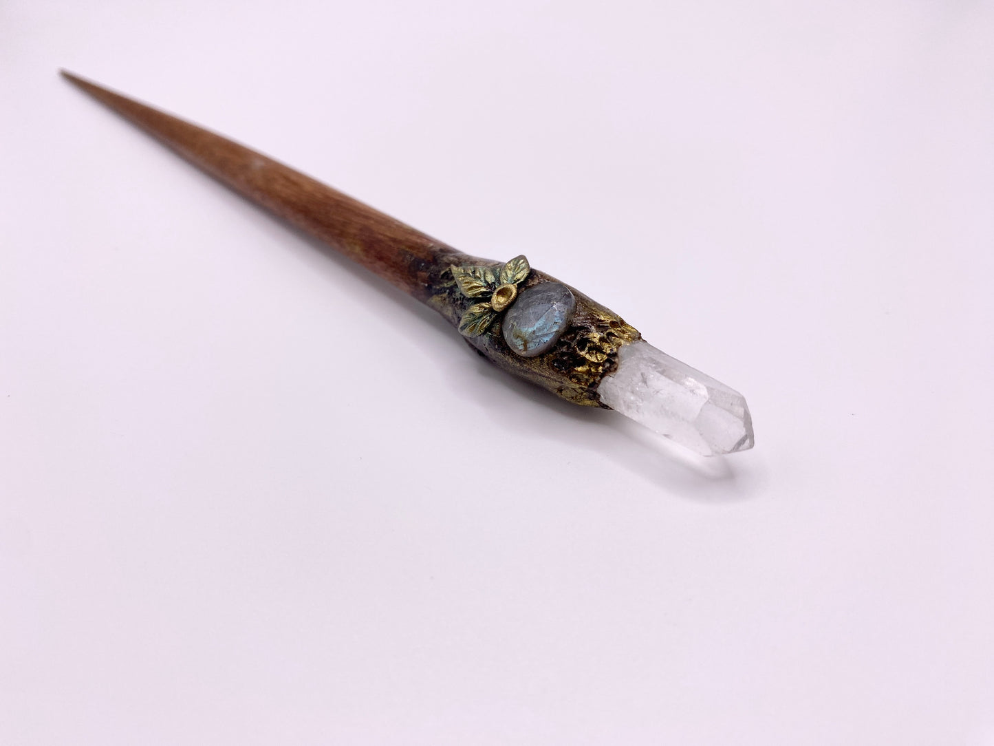 Quartz Crystal Wand with Labradorite and Long Wood Handle - Hair Stick