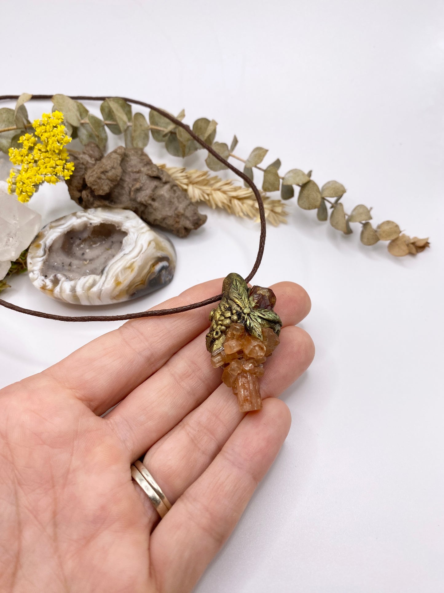 Clay Woodland Pendant with Aragonite Star Cluster and Citrine Crystal