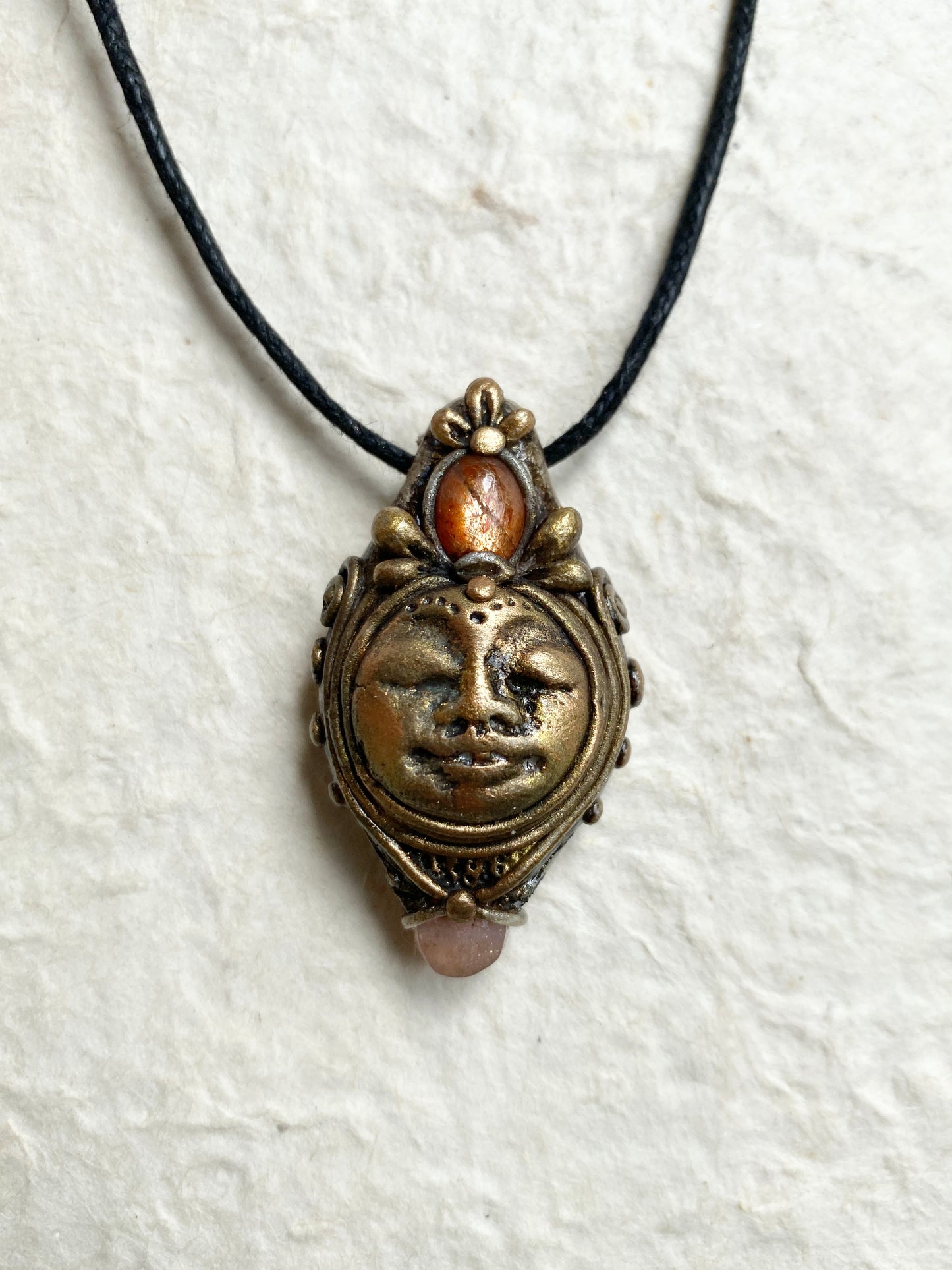 LADY of the LIGHT - Deity Clay Pendant with Sunstone and Peach Moonstone - Goddess Woodland Series