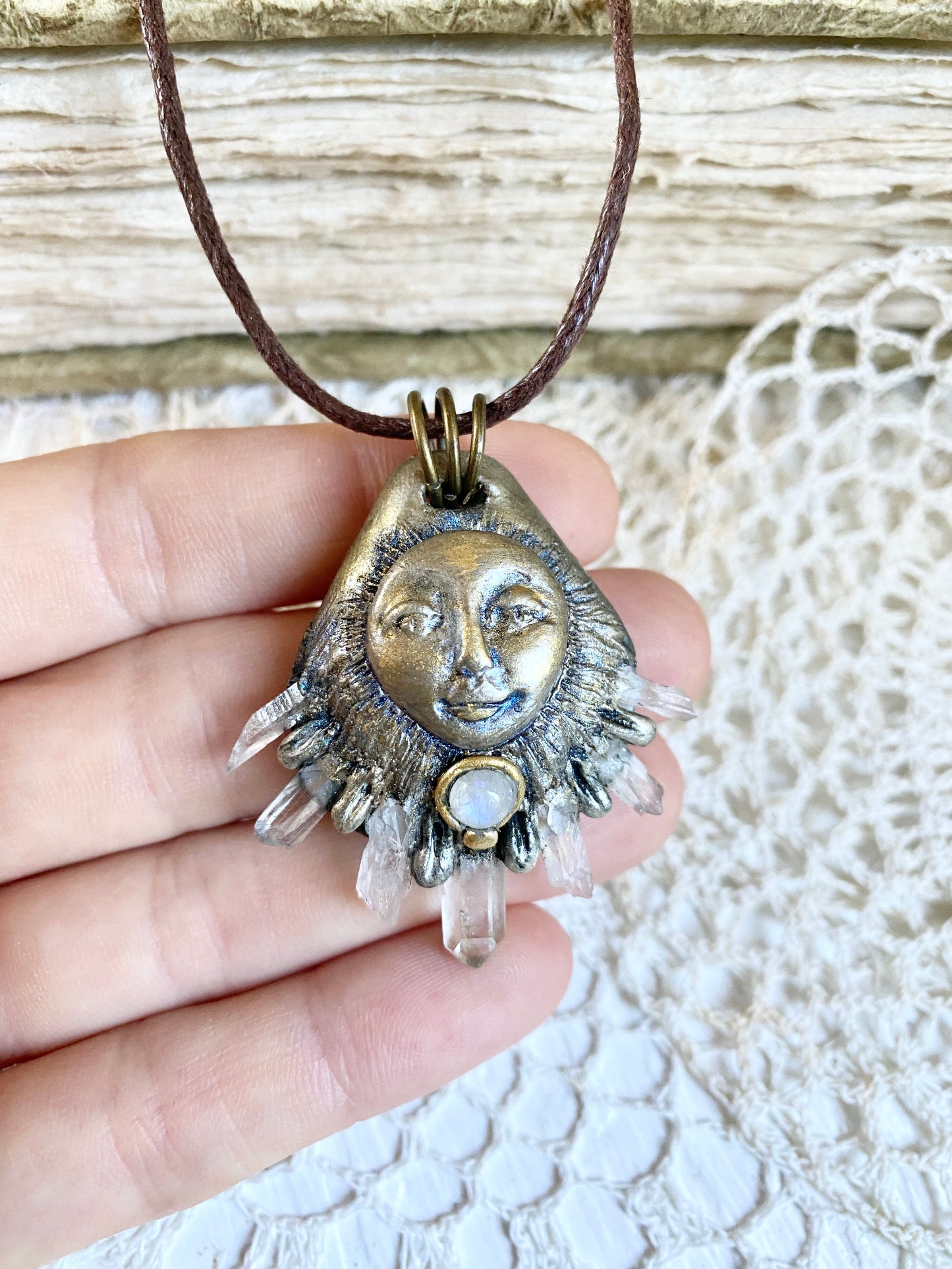 STAR BEING: Moonstone and Quartz Crystals Clay Deity Pendant - Goddess Woodland Series