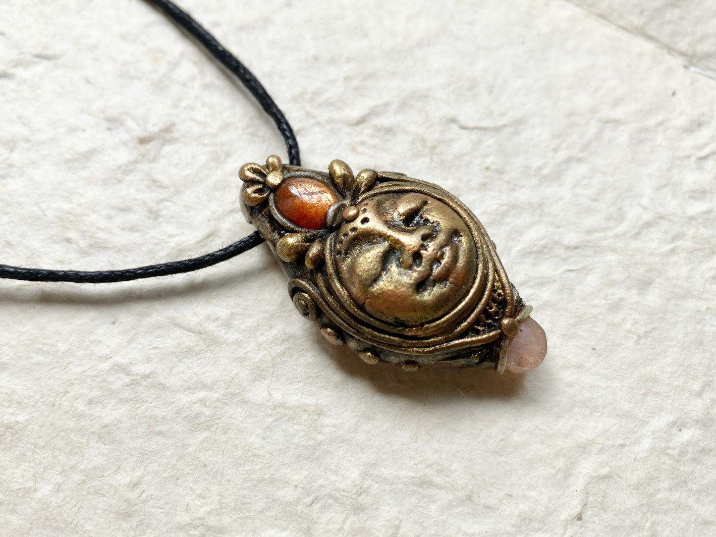 LADY of the LIGHT - Deity Clay Pendant with Sunstone and Peach Moonstone - Goddess Woodland Series