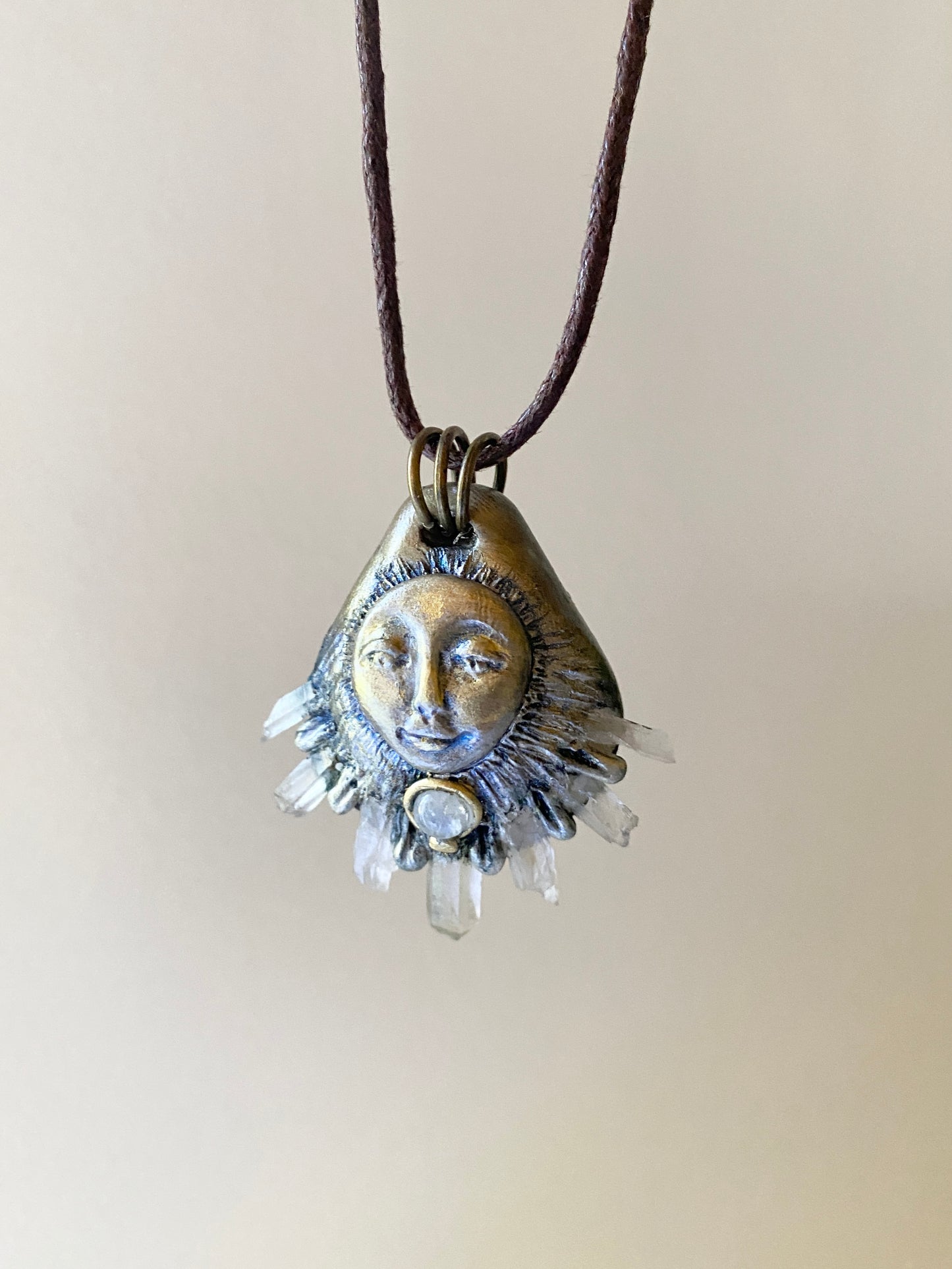 STAR BEING: Moonstone and Quartz Crystals Clay Deity Pendant - Goddess Woodland Series