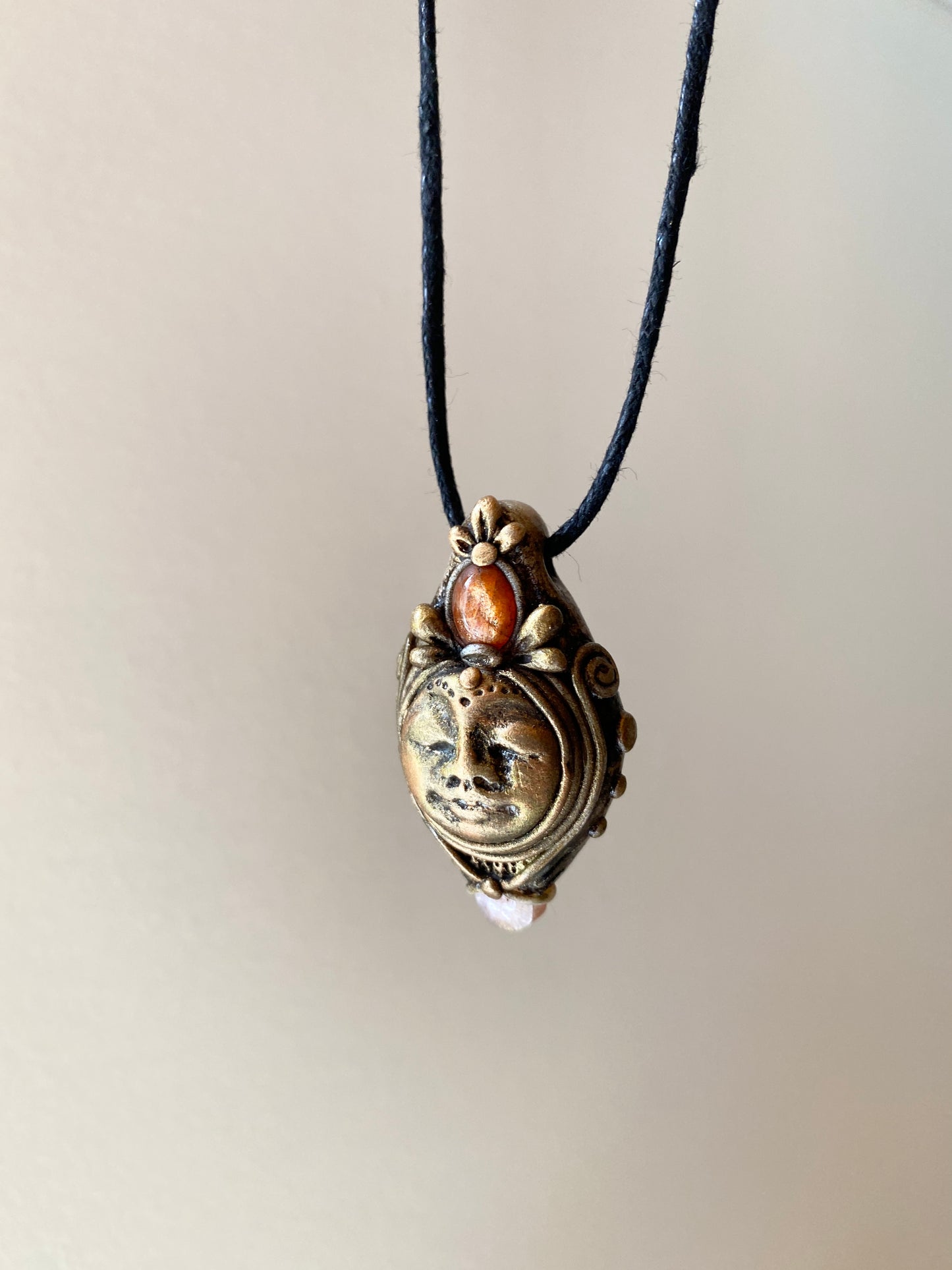 LADY of the LIGHT - Deity Clay Pendant with Sunstone and Peach Moonstone - Goddess Woodland Series