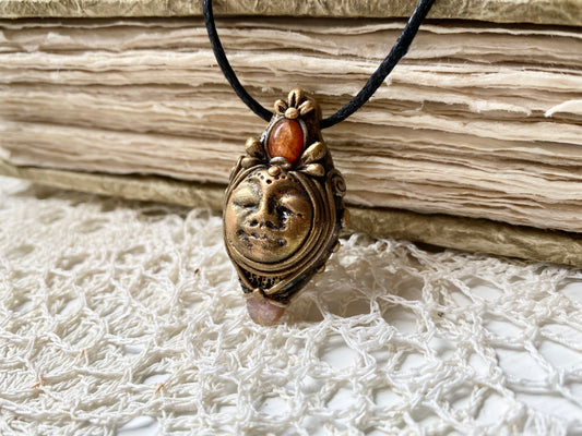 LADY of the LIGHT - Deity Clay Pendant with Sunstone and Peach Moonstone - Goddess Woodland Series