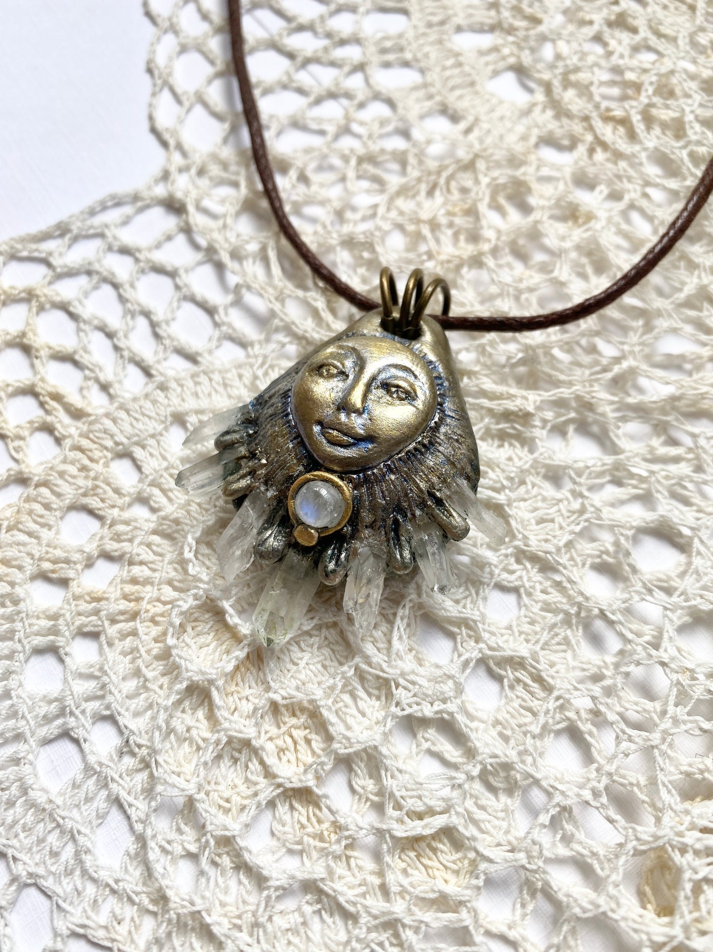 STAR BEING: Moonstone and Quartz Crystals Clay Deity Pendant - Goddess Woodland Series