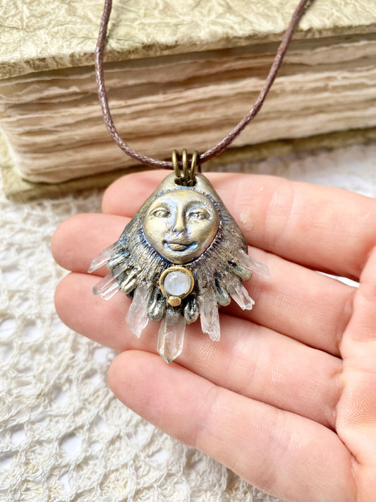 STAR BEING: Moonstone and Quartz Crystals Clay Deity Pendant - Goddess Woodland Series