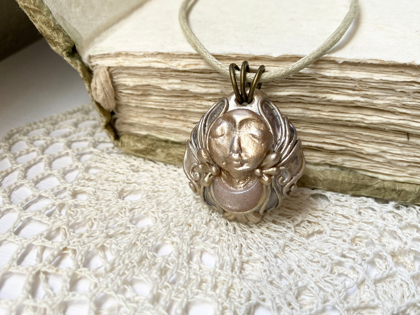 LADY OF ANGELS - Deity Clay Pendant Peach Moonstone Crescent  - Goddess Woodland Series