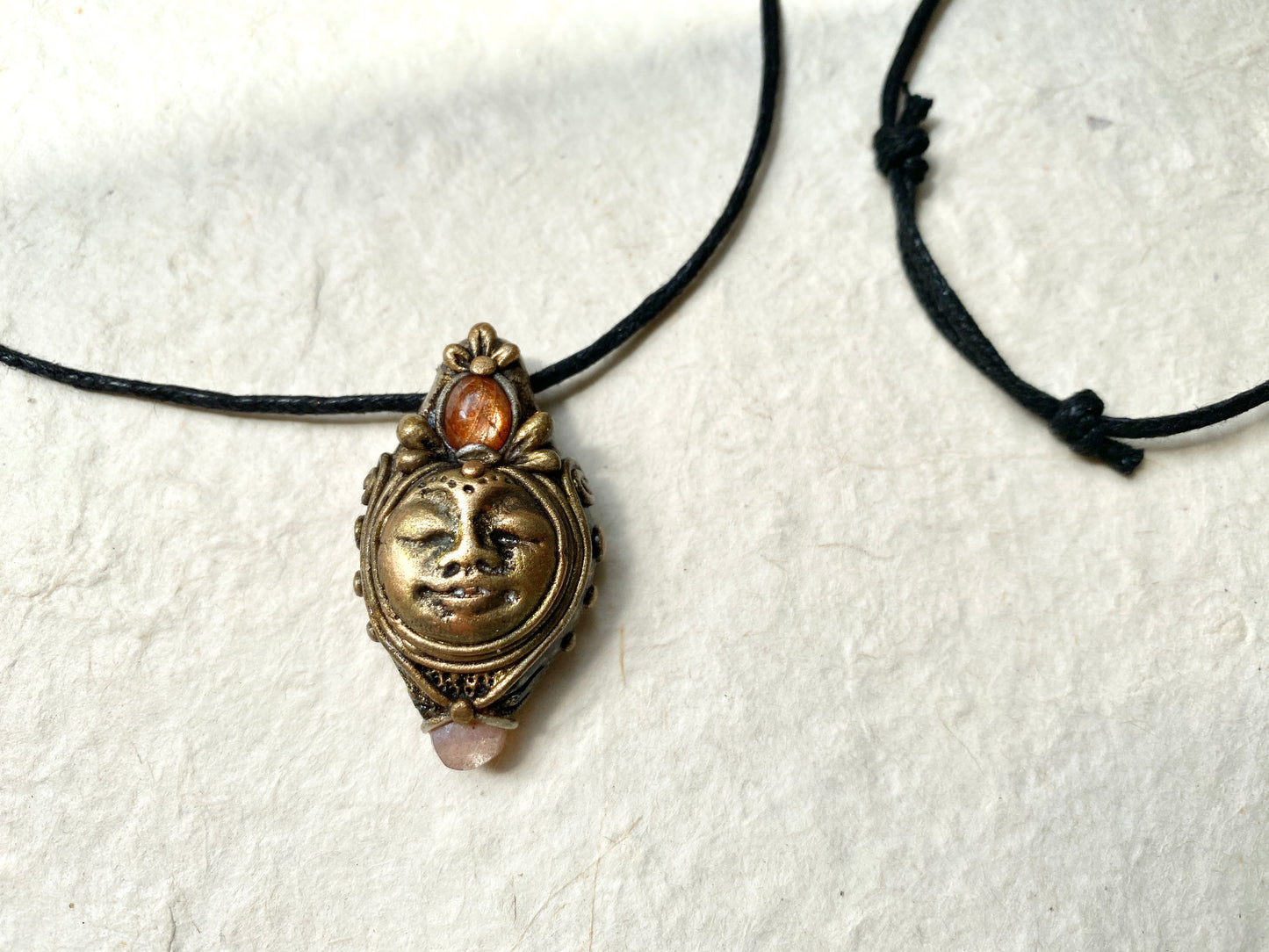 LADY of the LIGHT - Deity Clay Pendant with Sunstone and Peach Moonstone - Goddess Woodland Series