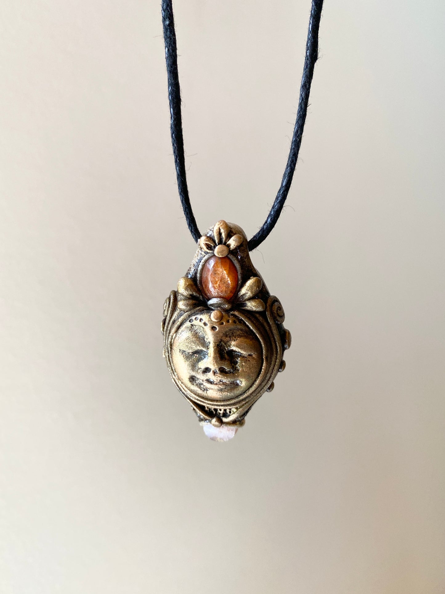 LADY of the LIGHT - Deity Clay Pendant with Sunstone and Peach Moonstone - Goddess Woodland Series