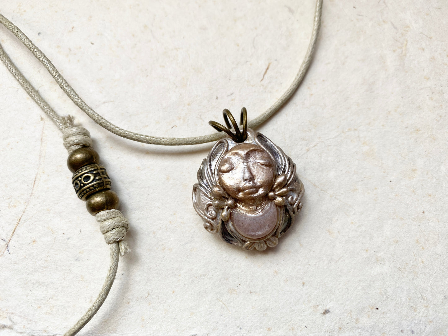 LADY OF ANGELS - Deity Clay Pendant Peach Moonstone Crescent  - Goddess Woodland Series