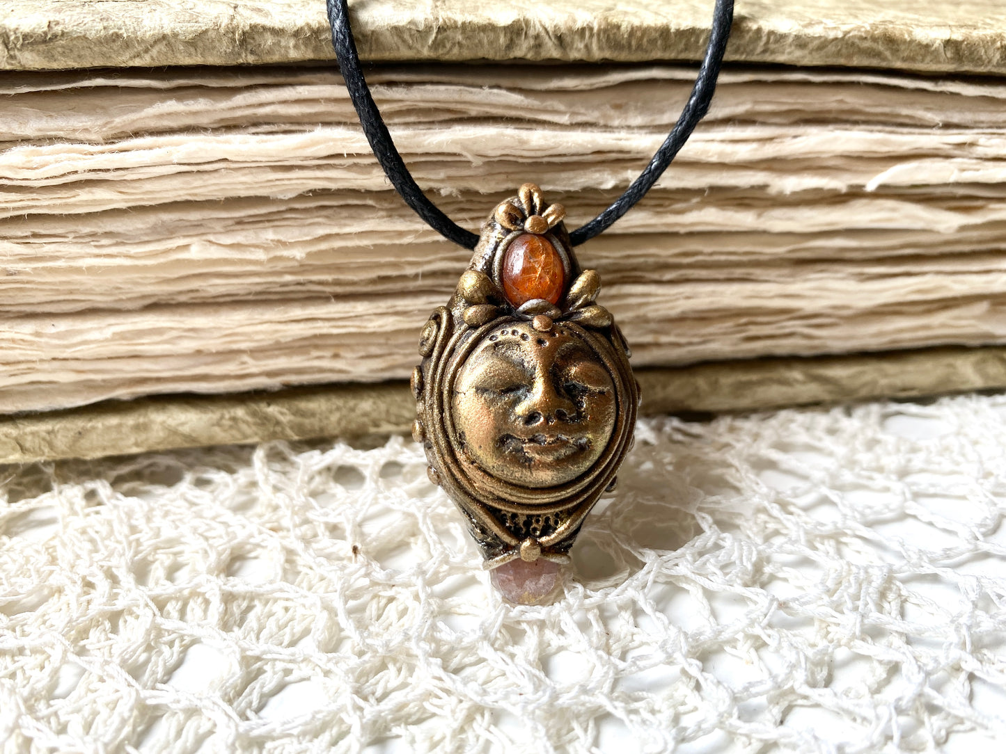 LADY of the LIGHT - Deity Clay Pendant with Sunstone and Peach Moonstone - Goddess Woodland Series