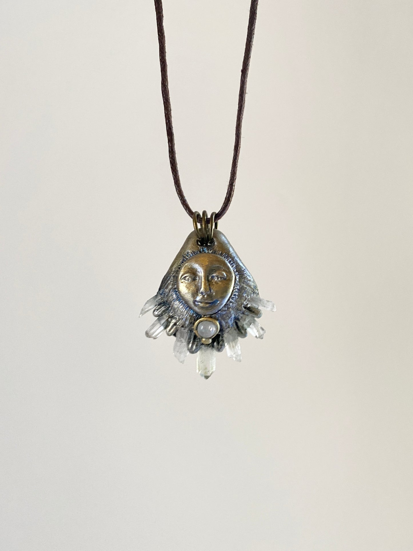 STAR BEING: Moonstone and Quartz Crystals Clay Deity Pendant - Goddess Woodland Series