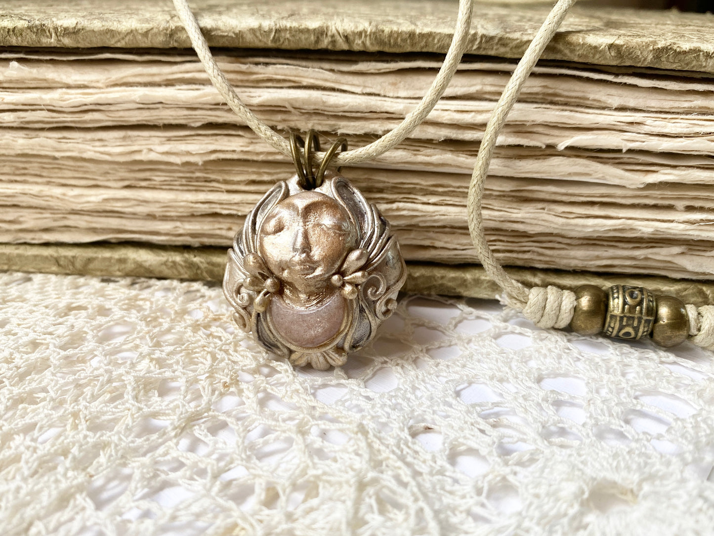 LADY OF ANGELS - Deity Clay Pendant Peach Moonstone Crescent  - Goddess Woodland Series