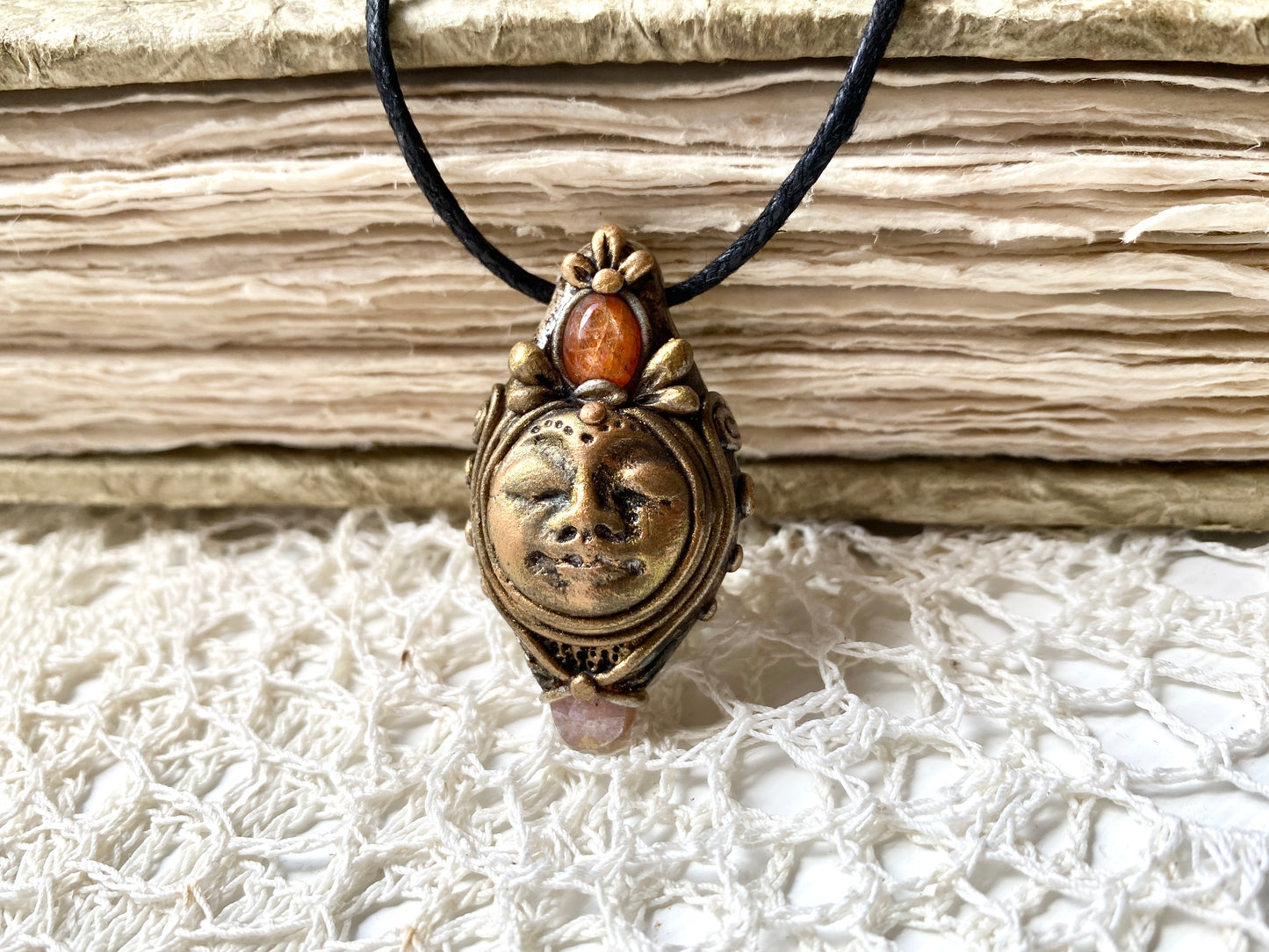 LADY of the LIGHT - Deity Clay Pendant with Sunstone and Peach Moonstone - Goddess Woodland Series