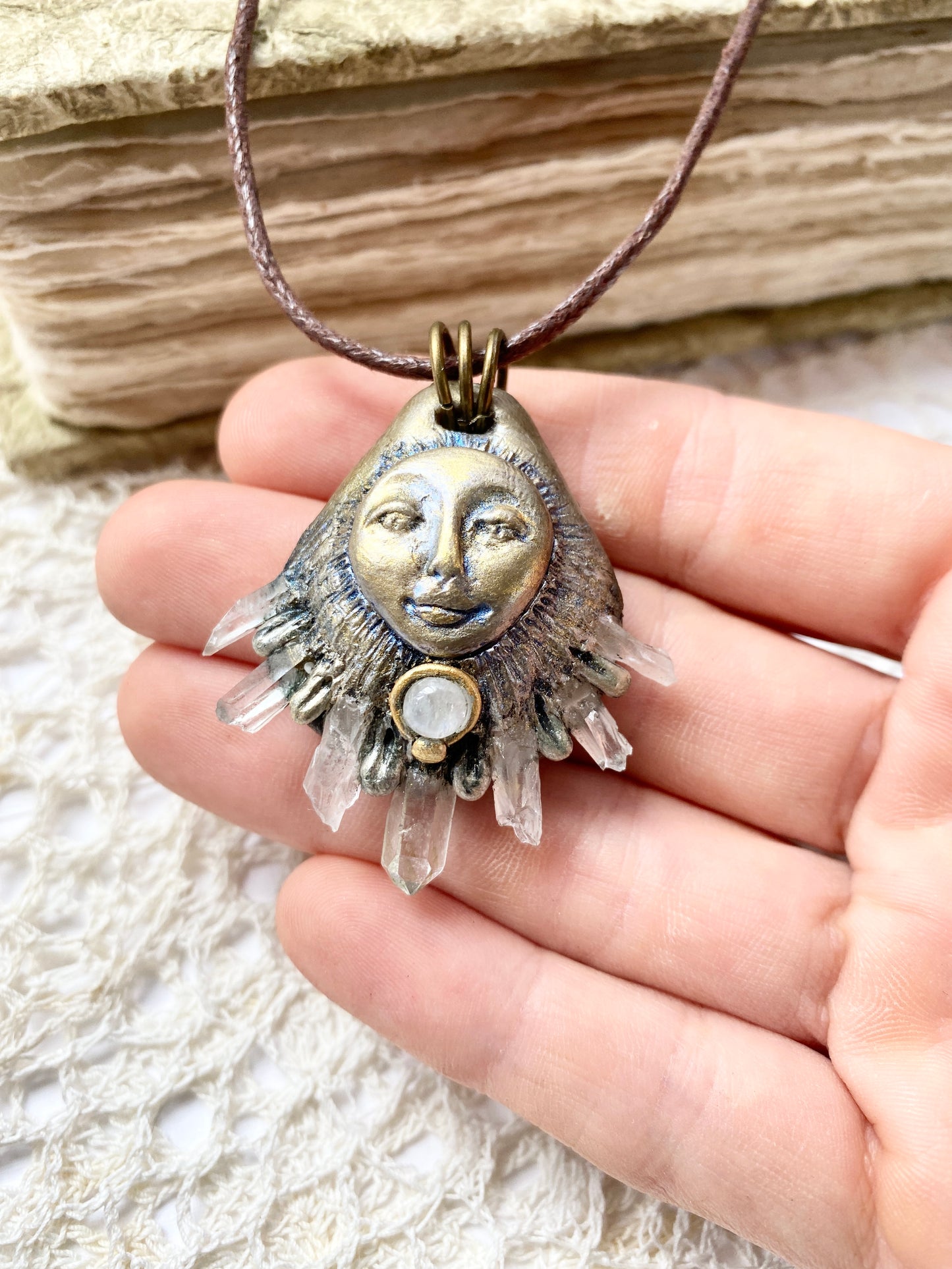 STAR BEING: Moonstone and Quartz Crystals Clay Deity Pendant - Goddess Woodland Series