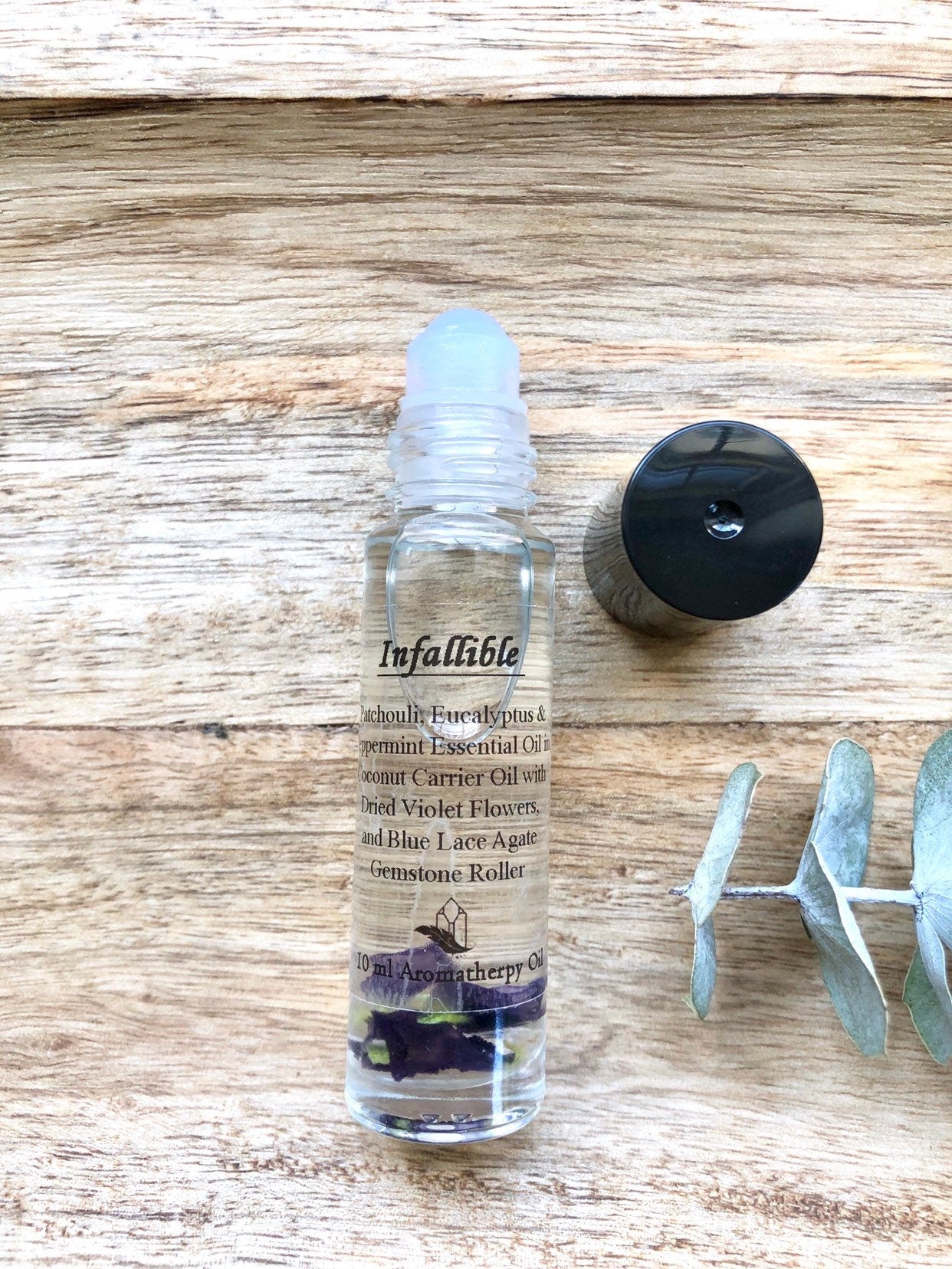 Crystalline "Infallible" Essential Oil Roller - Patchouli, Eucalyptus and Peppermint with Blue Lace Agate Gemstone Roller