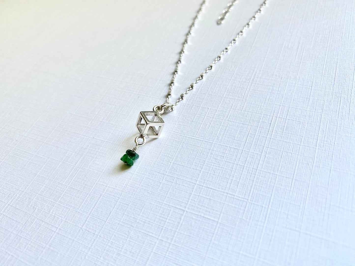 Free Thinker ~ Emerald Cube ~ Sterling Silver and Emerald Adjustable Charm Necklace - Sacred Symbols Series