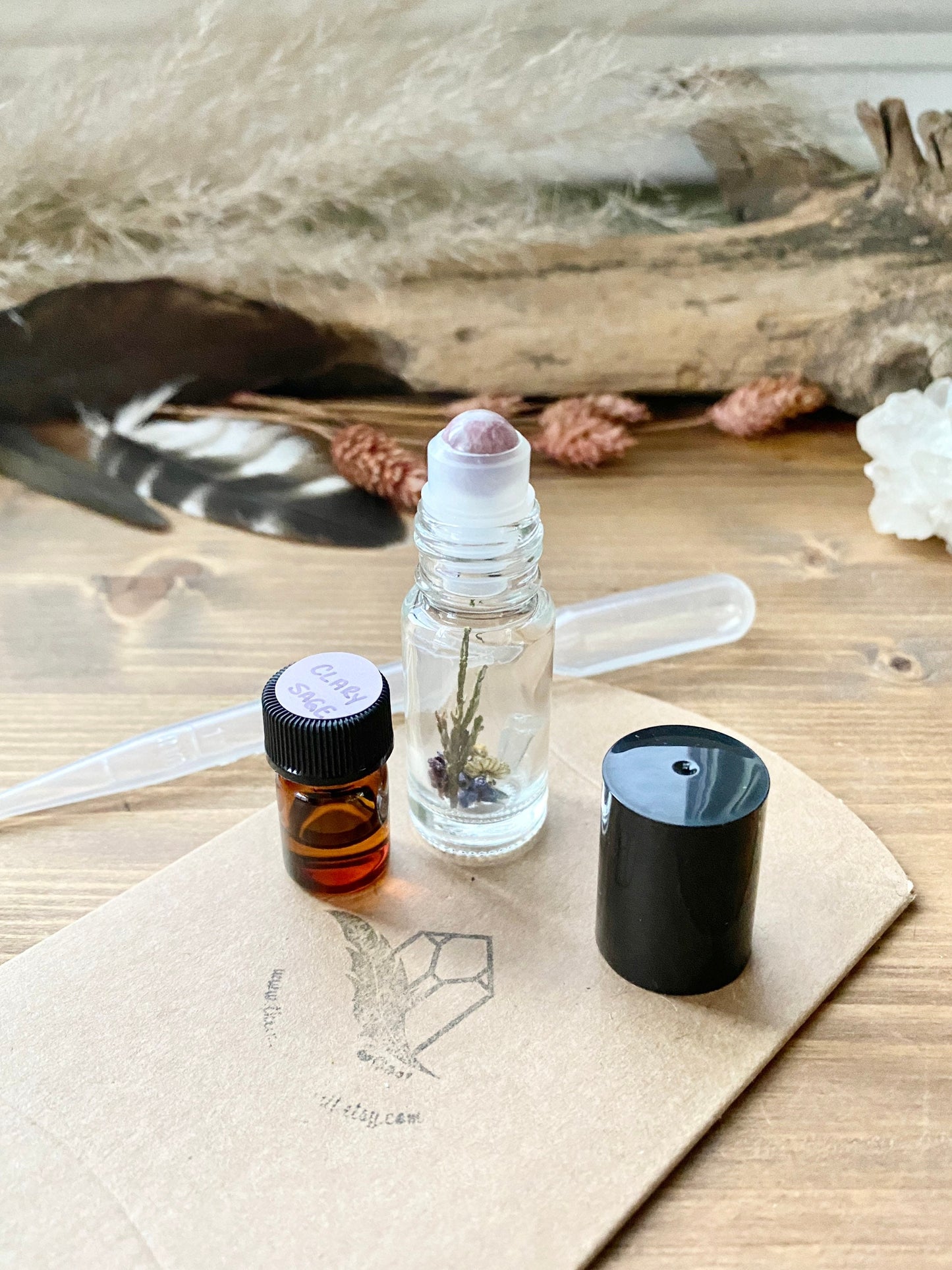 DIY: Aromatherapy Oil - 5ml Glass Bottle with Lepidolite Gemstone Roller and Clary Sage Essential Oil with Quartz Crystal & Dried Flowers