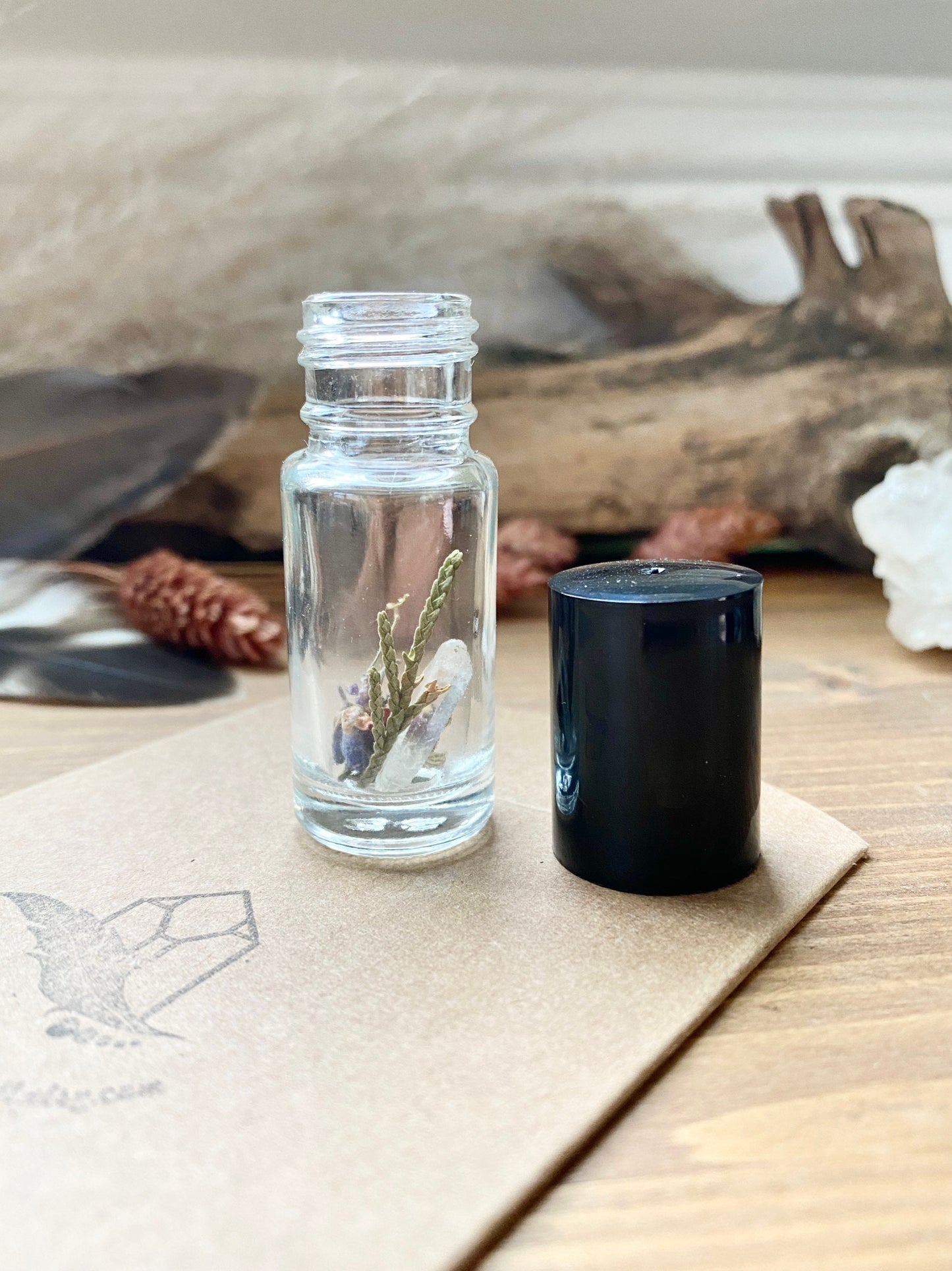 DIY: Aromatherapy Oil - 5ml Glass Bottle with Leopard Jasper Gemstone Roller and Clove Essential Oil with Crystal & Dried Flowers