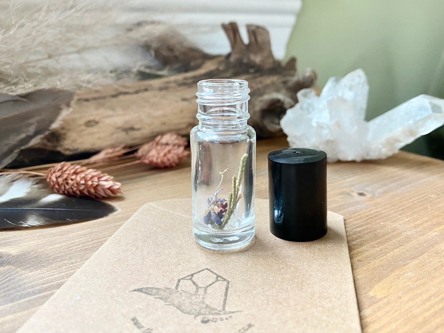 DIY: Aromatherapy Oil - 5ml Glass Bottle with Leopard Jasper Gemstone Roller and Clove Essential Oil with Crystal & Dried Flowers
