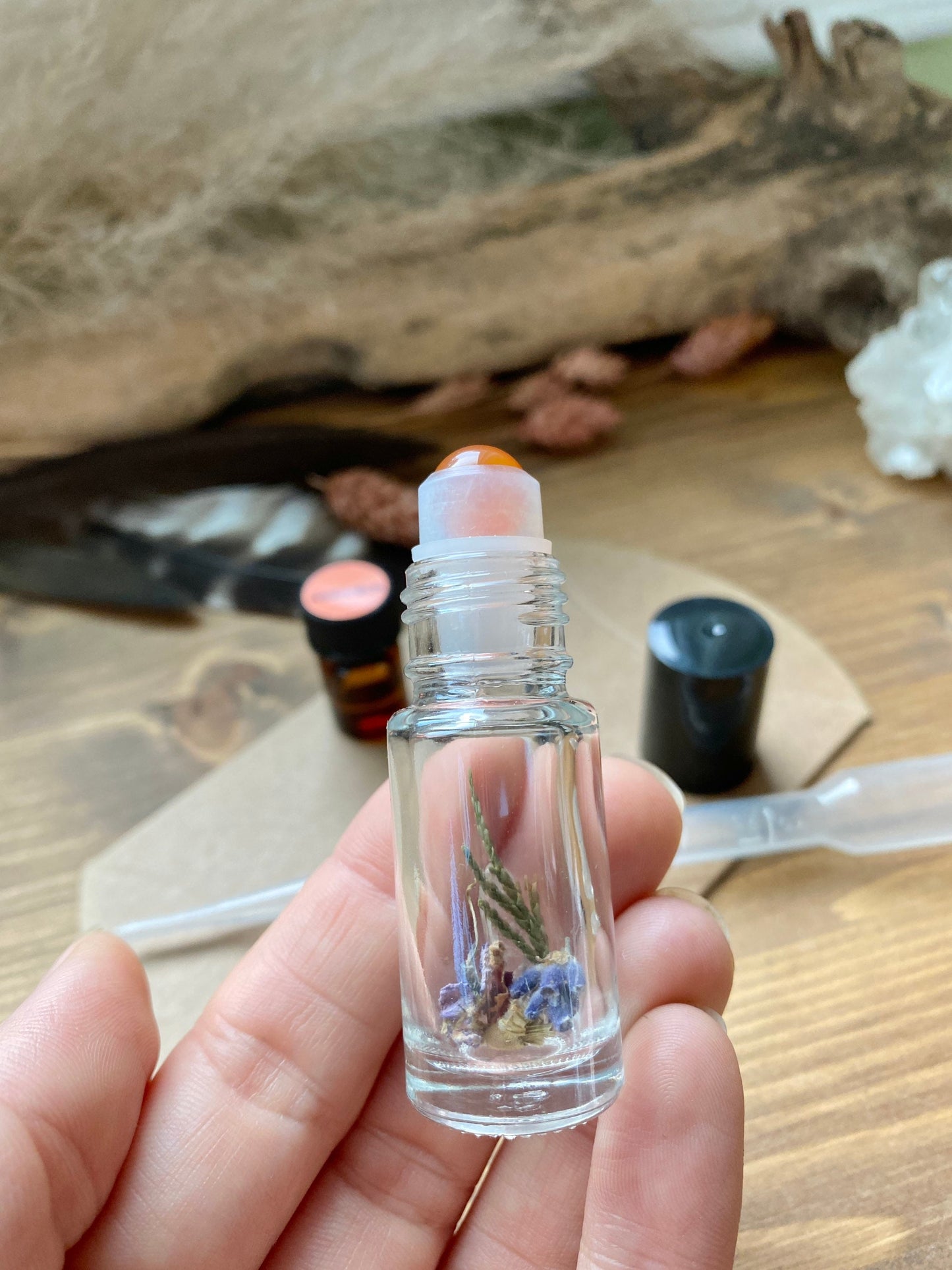 DIY: Aromatherapy Oil - 5ml Glass Bottle with Carnelian Gemstone Roller and Geranium Essential Oil with Crystal & Dried Flowers