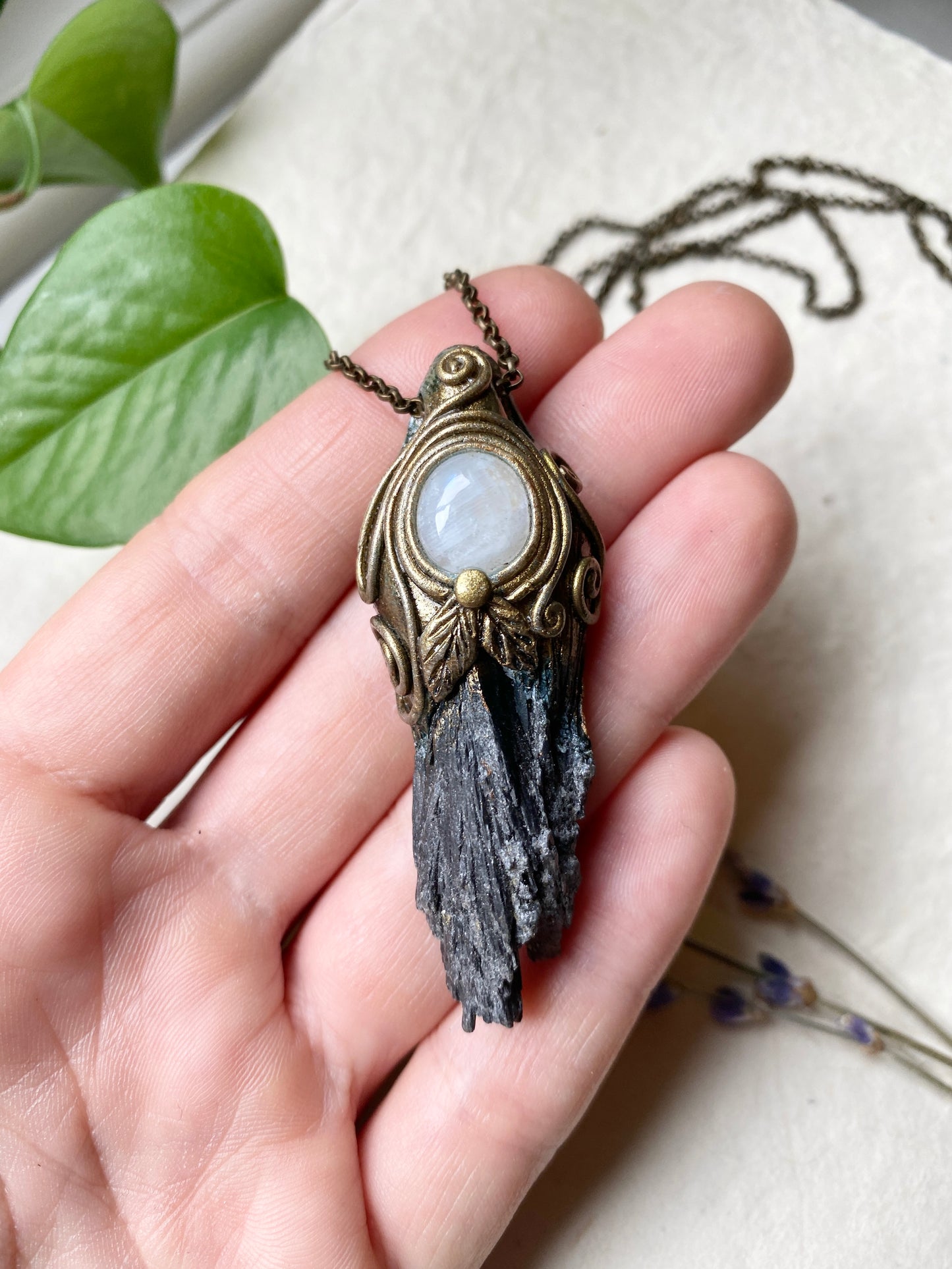 Forest Broom ~ Black Kyanite and Moonstone Clay Woodland Style Necklace