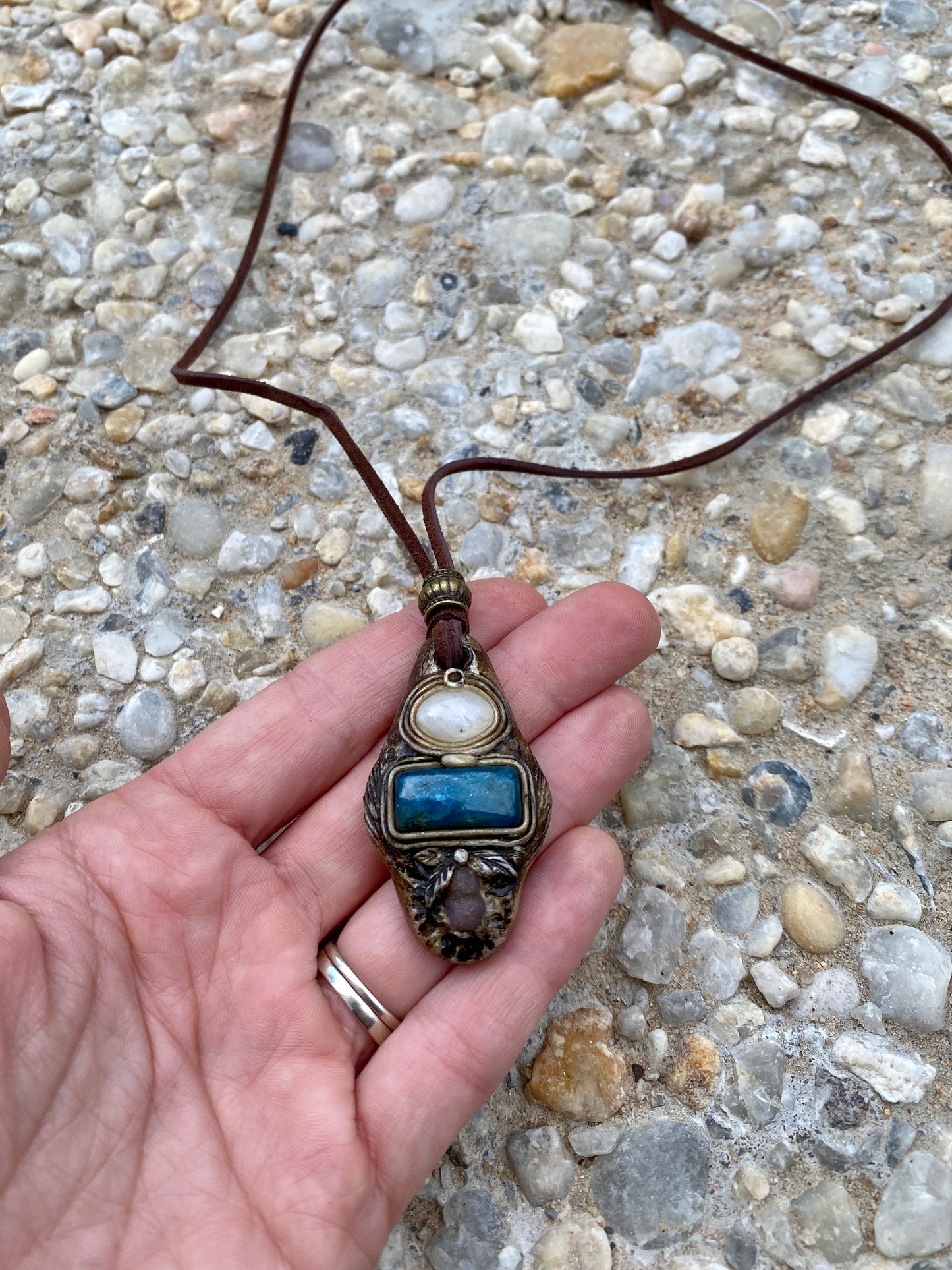 Blue Apatite Clay Woodland Style Necklace with Moonstone and Grape Agate
