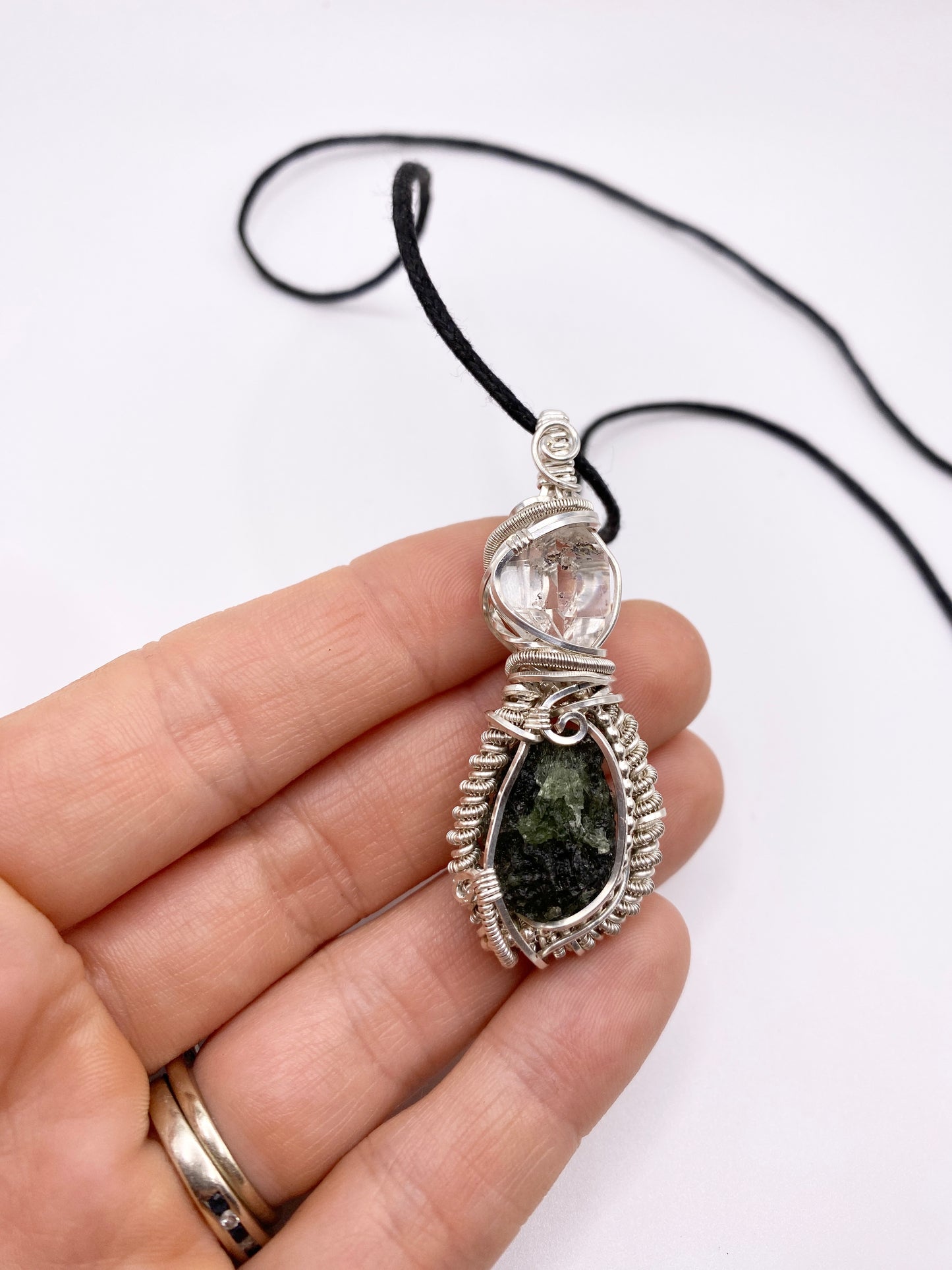 Moldavite and Herkimer Wire Wrapped Pendant in .925 Sterling Silver