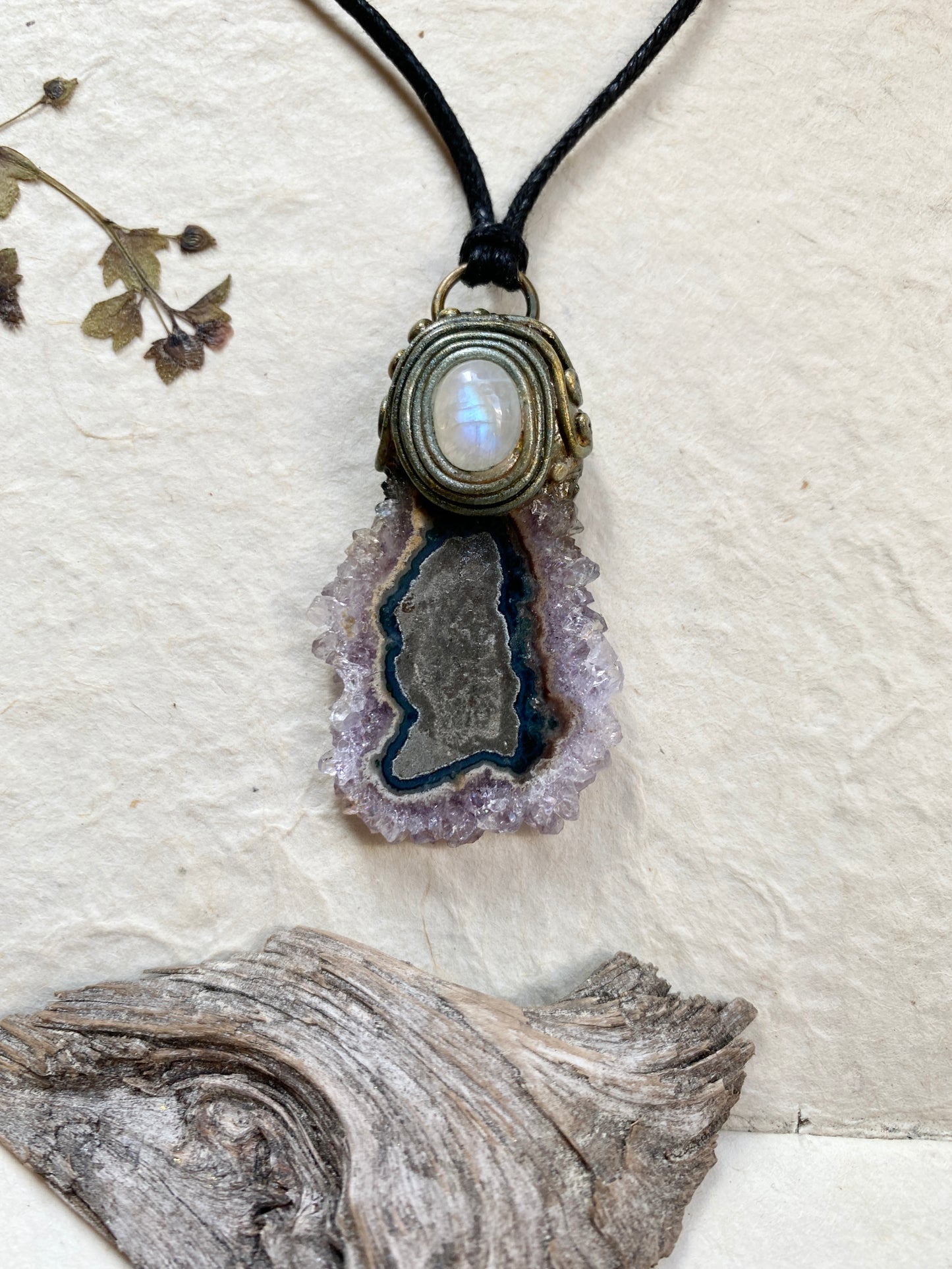 Priestess Series ~ Amethyst Flower and Moonstone Clay Necklace