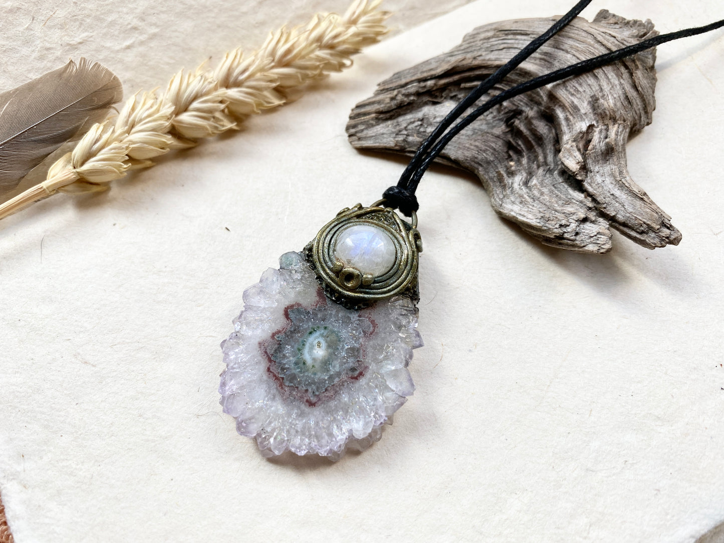 Priestess Series ~ Clay Sculpted Amethyst Flower and Moonstone Clay Necklace