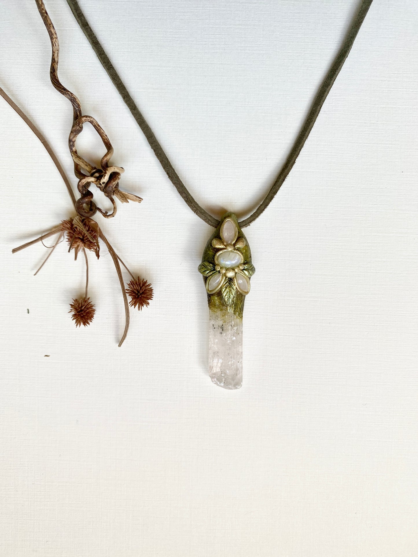 Danburite, Rose Quartz & Moonstone Clay Woodland Necklace