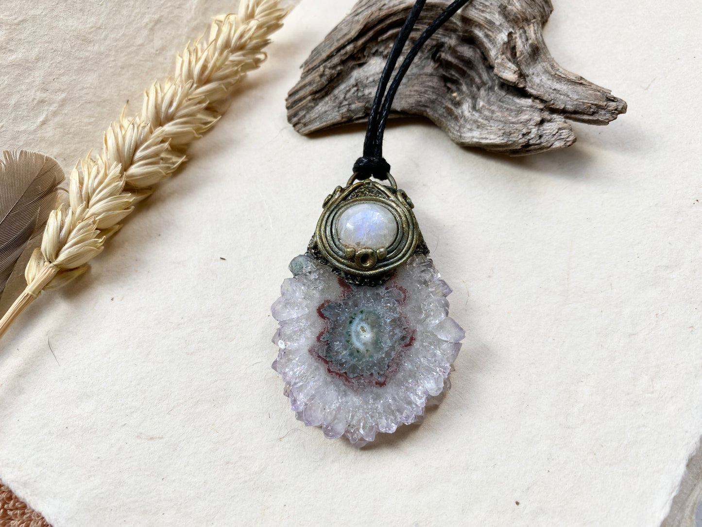 Priestess Series ~ Clay Sculpted Amethyst Flower and Moonstone Clay Necklace